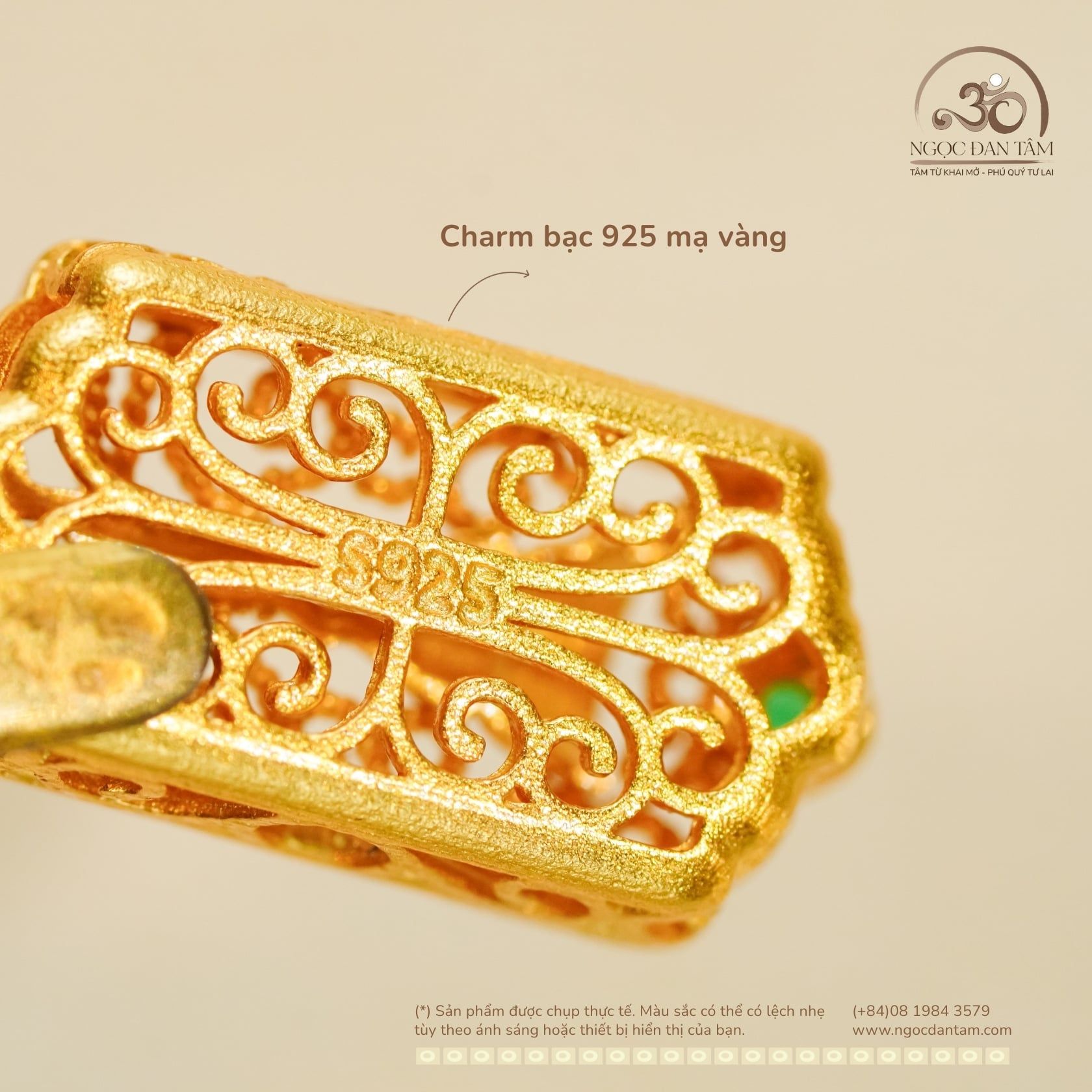  Charm Chuông Vàng Đính Đá Xanh - Bạc 925 Mạ Vàng Cao Cấp 