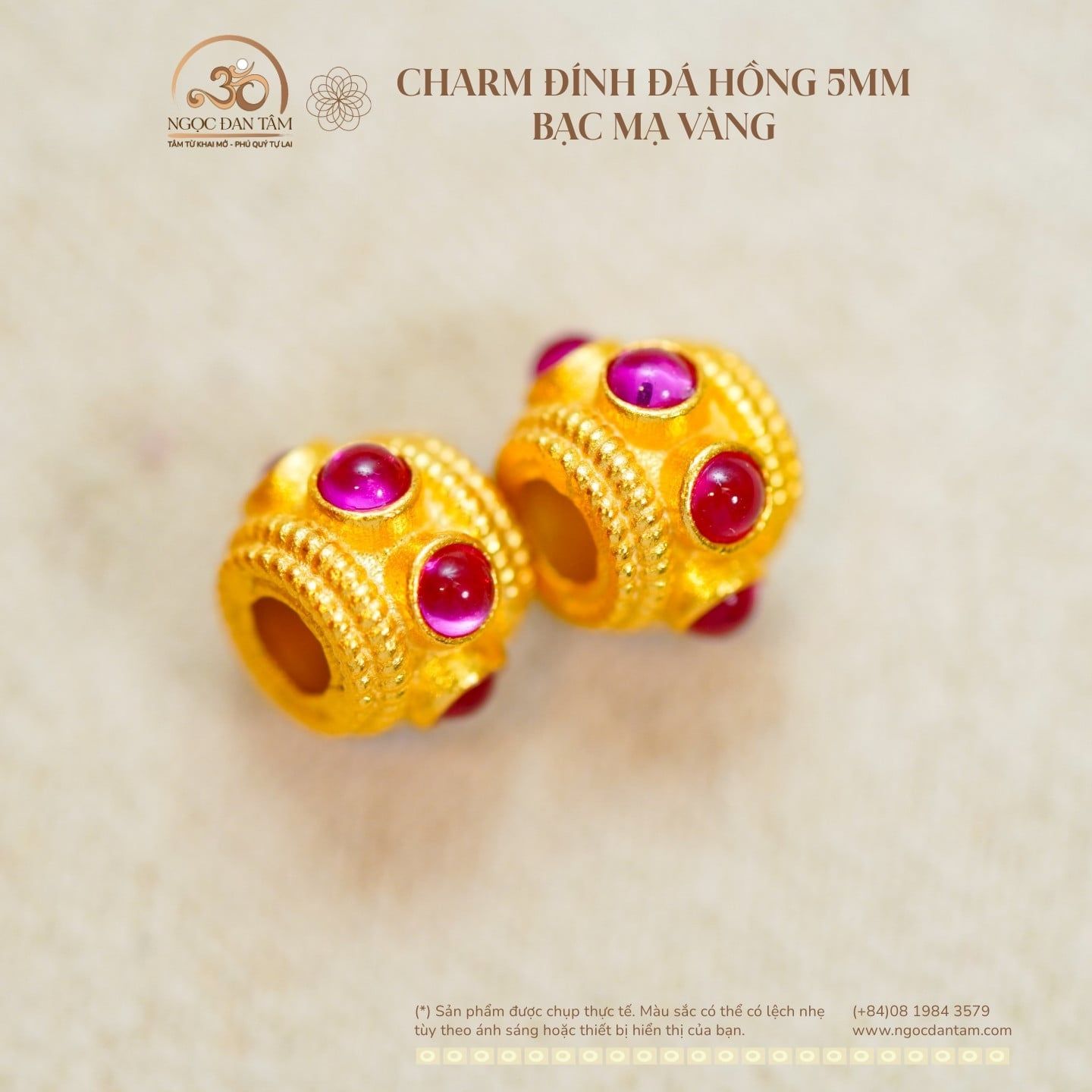  Charm Đính Đá Hồng 5mm - Bạc Mạ Vàng 