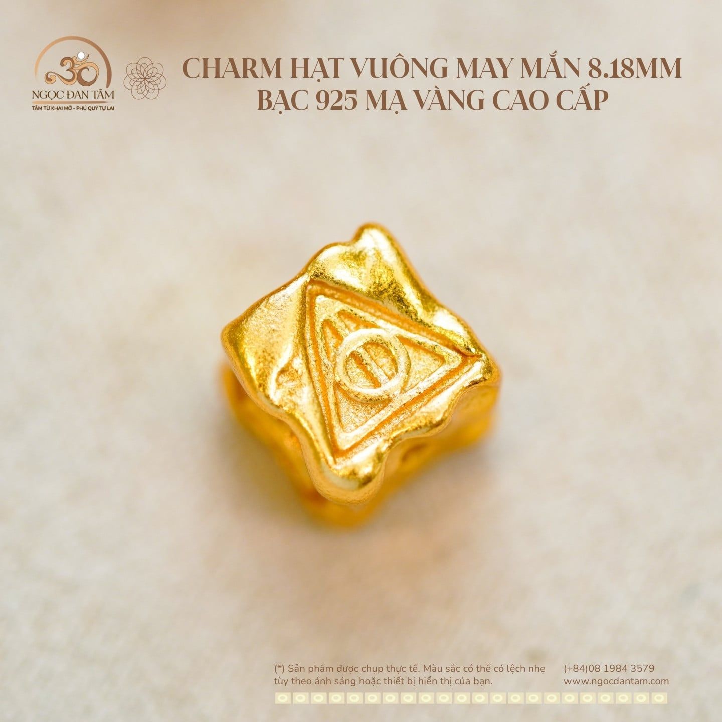  Charm Hạt Vuông May Mắn 8.18MM Bạc 925 Mạ Vàng Cao Cấp 