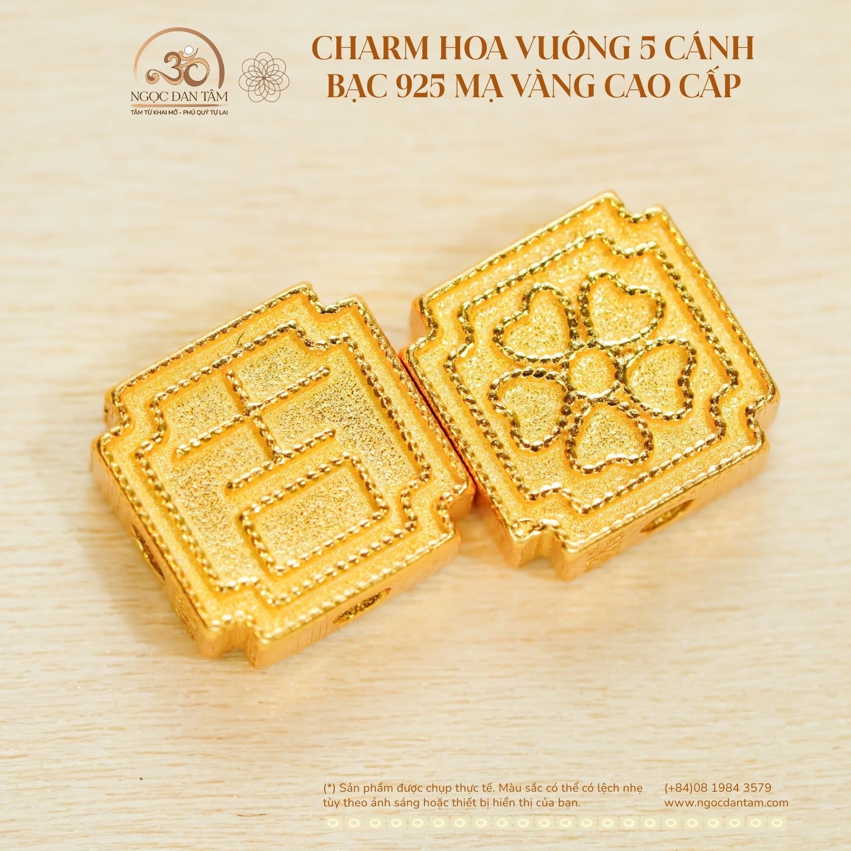  Charm Hoa Vuông 5 Cánh - Bạc 925 Mạ Vàng Cao Cấp 