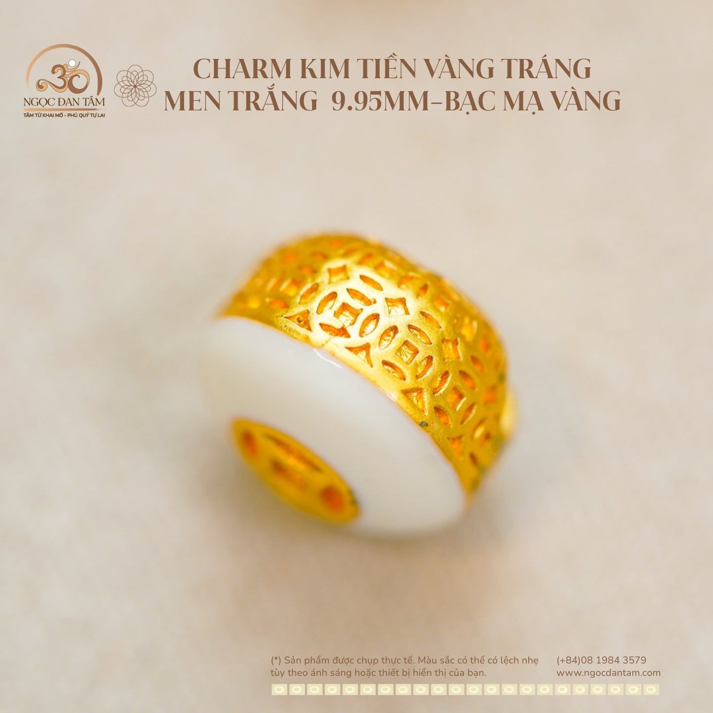  Charm Kim Tiền Vàng Tráng  Men Trắng  9.95mm - Bạc Mạ Vàng 