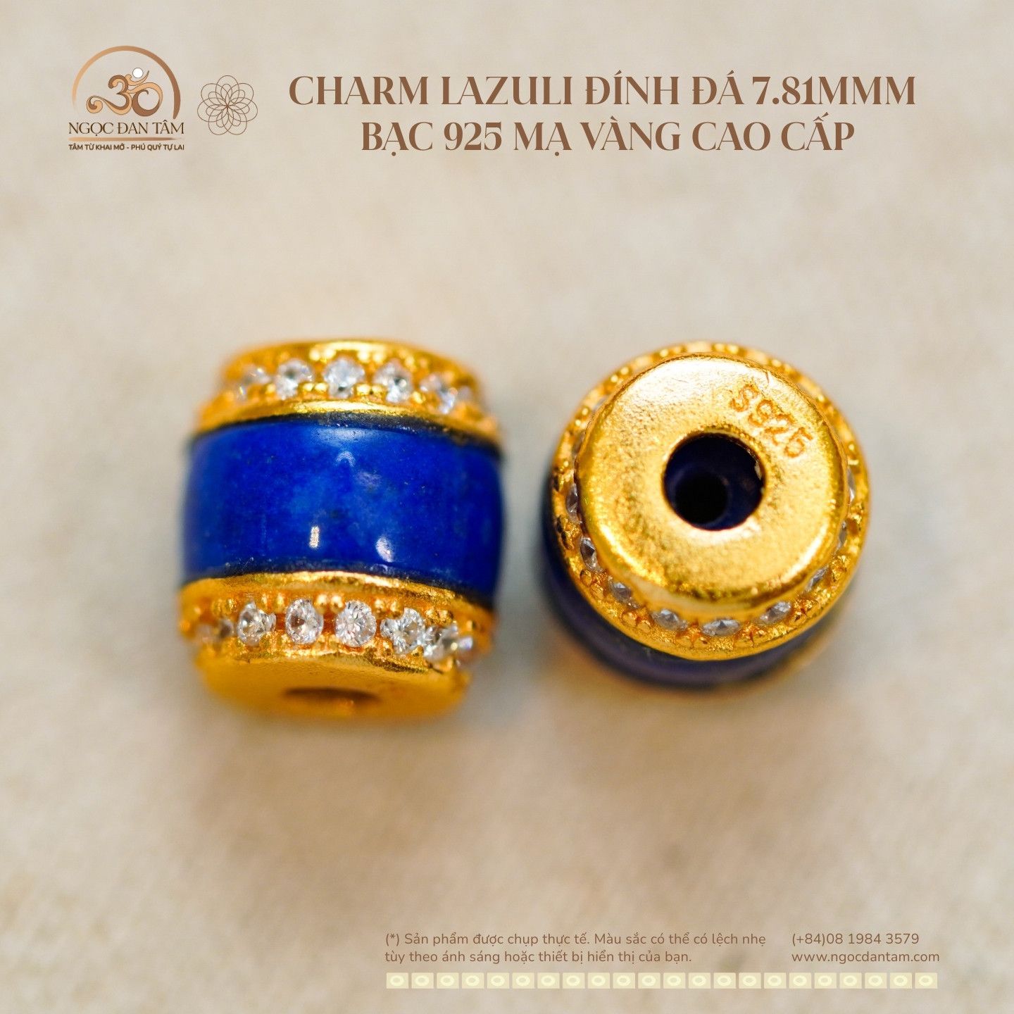  Charm Lazuli Đính Đá 7.81mmm - Bạc 925 Mạ Vàng Cao Cấp 