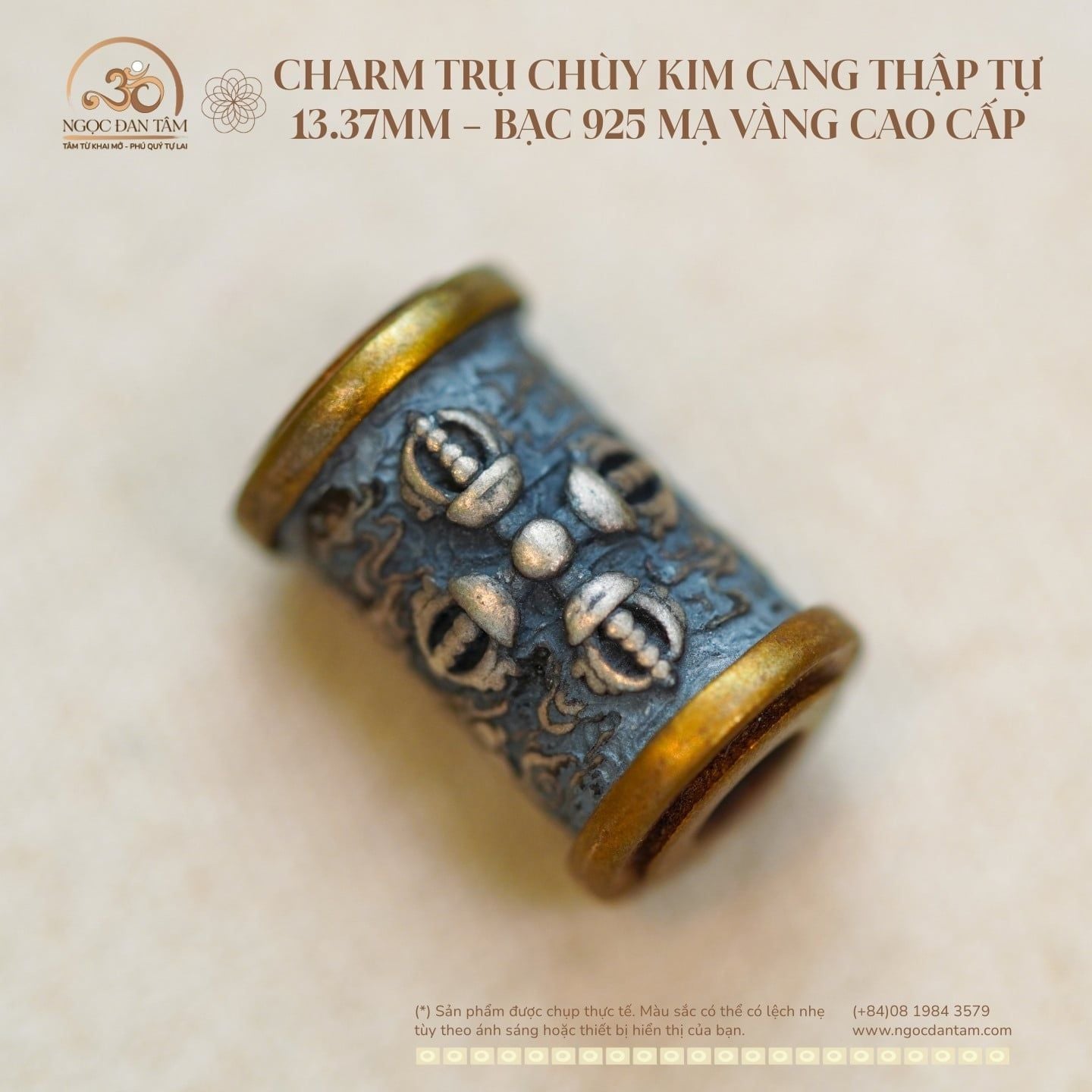  Charm Trụ Chùy Kim Cang Thập Tự 13.37mm - Bạc 925 mạ vàng cao cấp 
