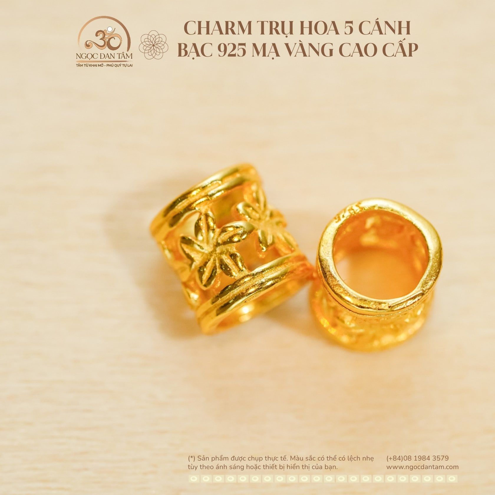  Charm Trụ Hoa 5 Cánh - Bạc 925 Mạ Vàng Cao Cấp 