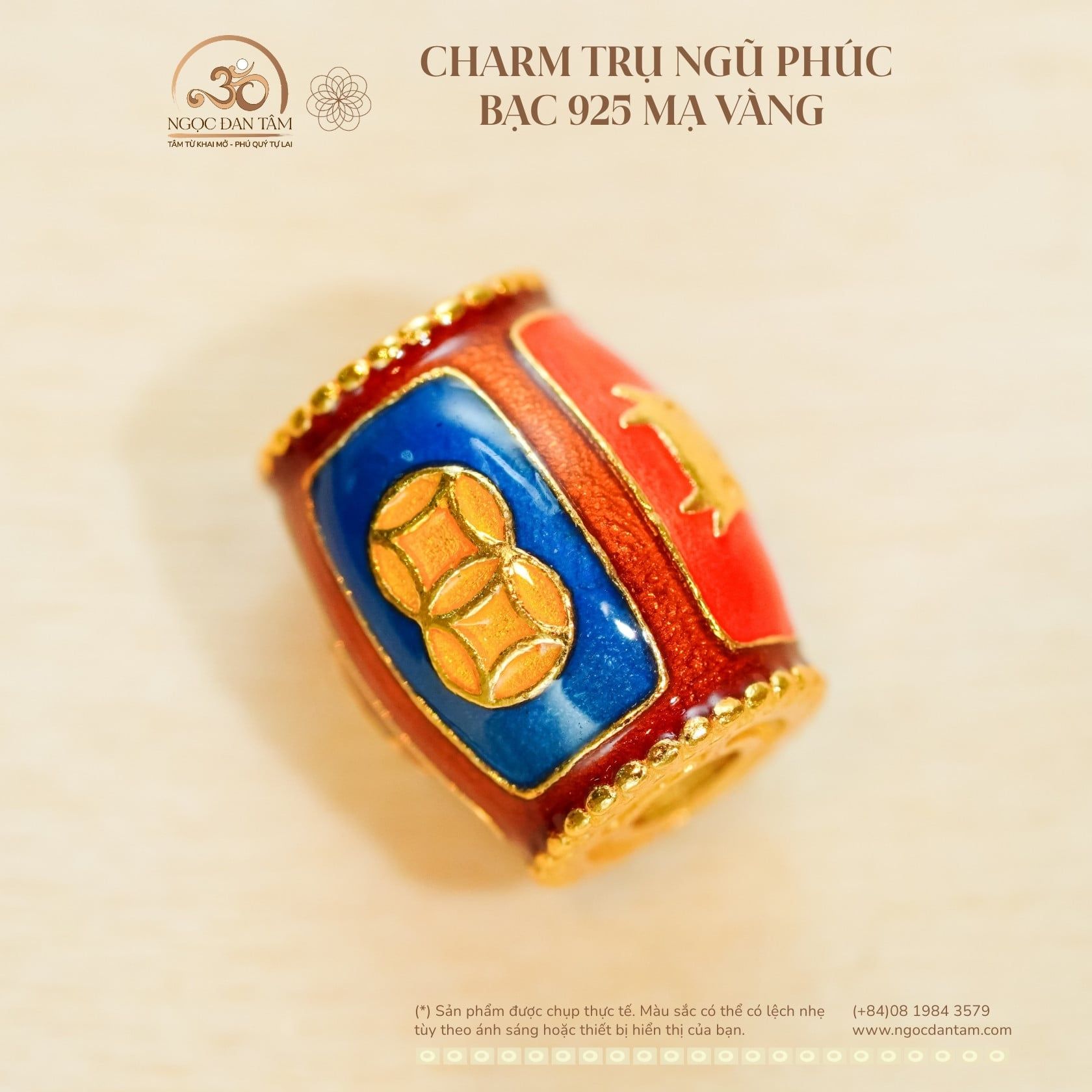  Charm Trụ Ngũ Phúc Bạc 925 Mạ Vàng Cao Cấp 