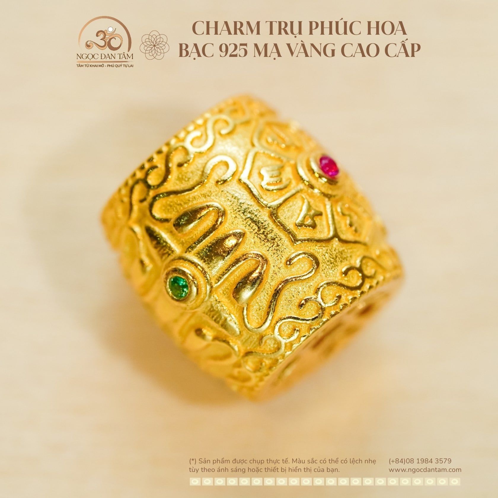  Charm Trụ Phúc Hoa Đính Đá - Bạc 925 Mạ Vàng Cao Cấp 