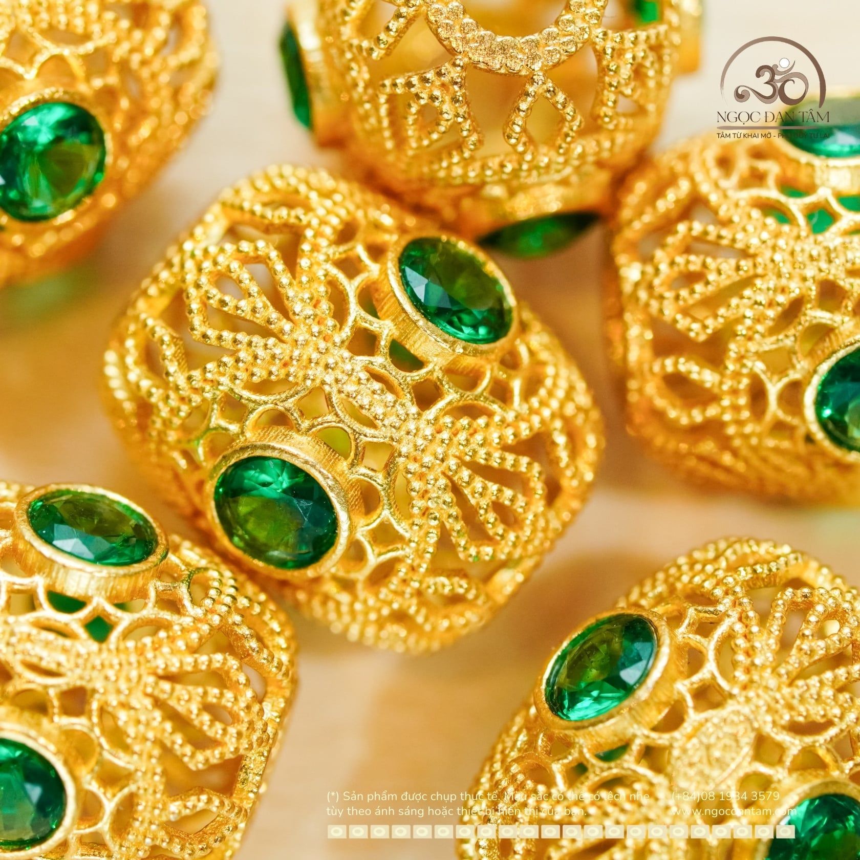  Charm Trụ Ren Đính Đá Xanh - Bạc 925 Mạ Vàng Cao Cấp 