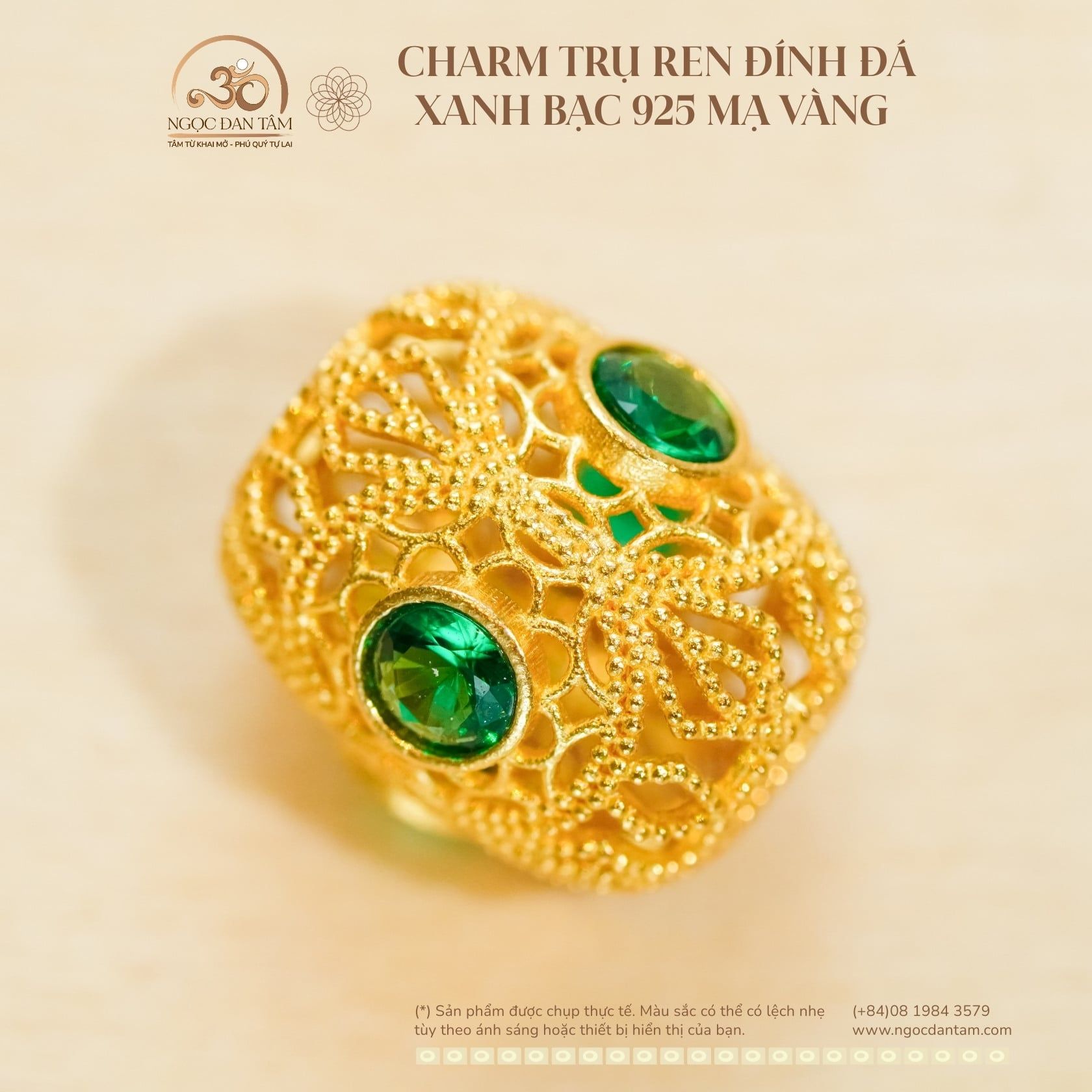  Charm Trụ Ren Đính Đá Xanh - Bạc 925 Mạ Vàng Cao Cấp 