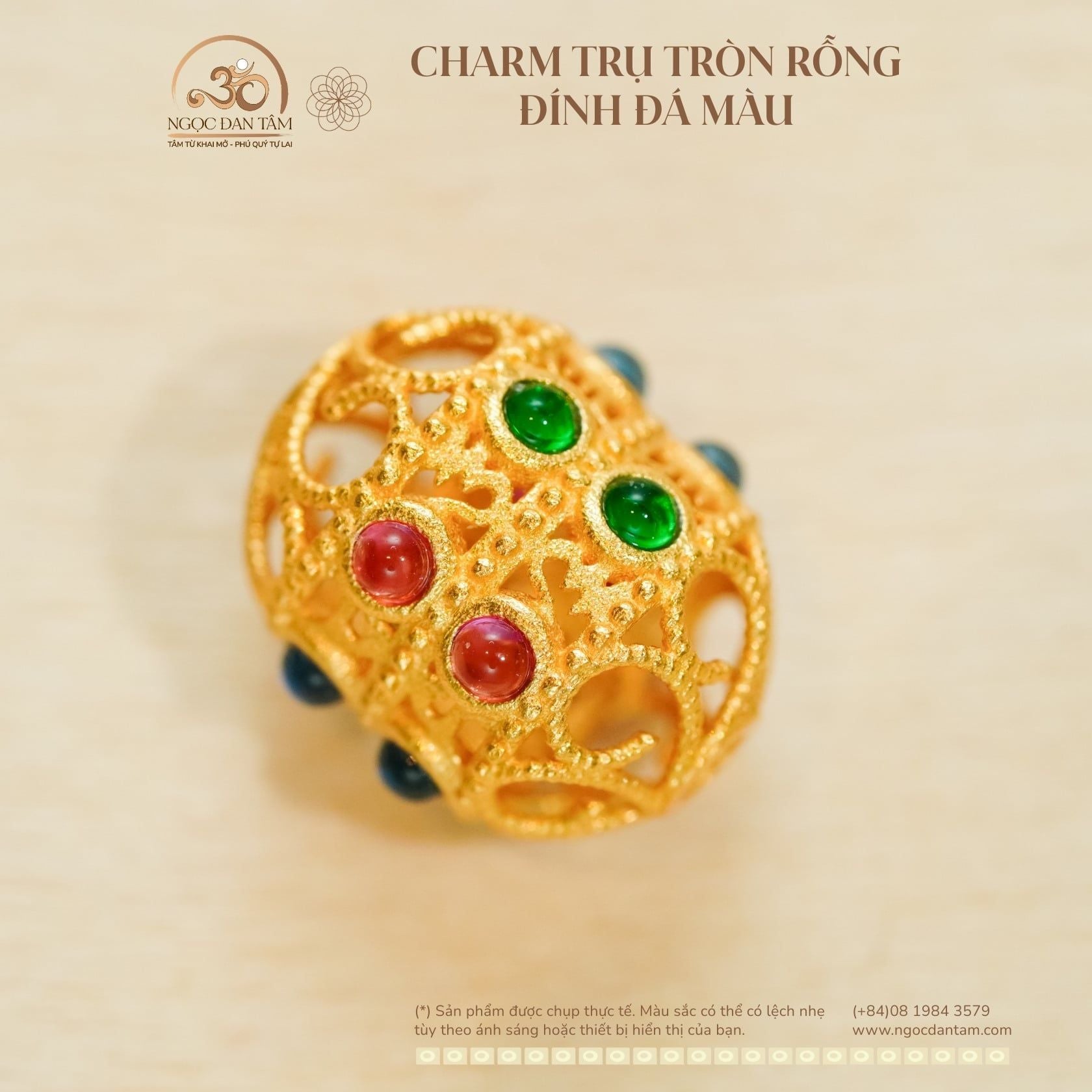  Charm Trụ Tròn Rỗng Đính Đá Màu - Bạc 925 Mạ Vàng Cao Cấp 