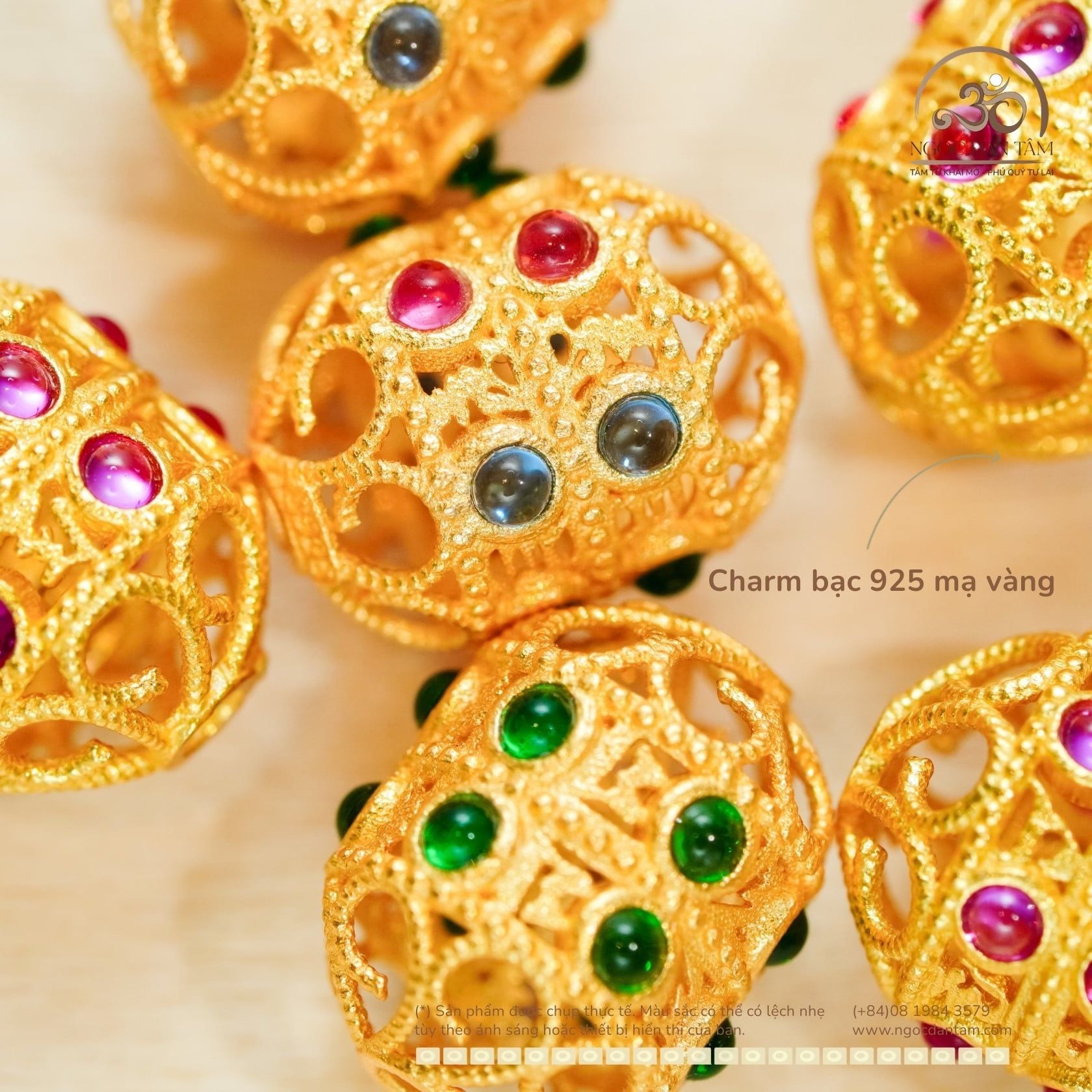  Charm Trụ Tròn Rỗng Đính Đá Màu - Bạc 925 Mạ Vàng Cao Cấp 