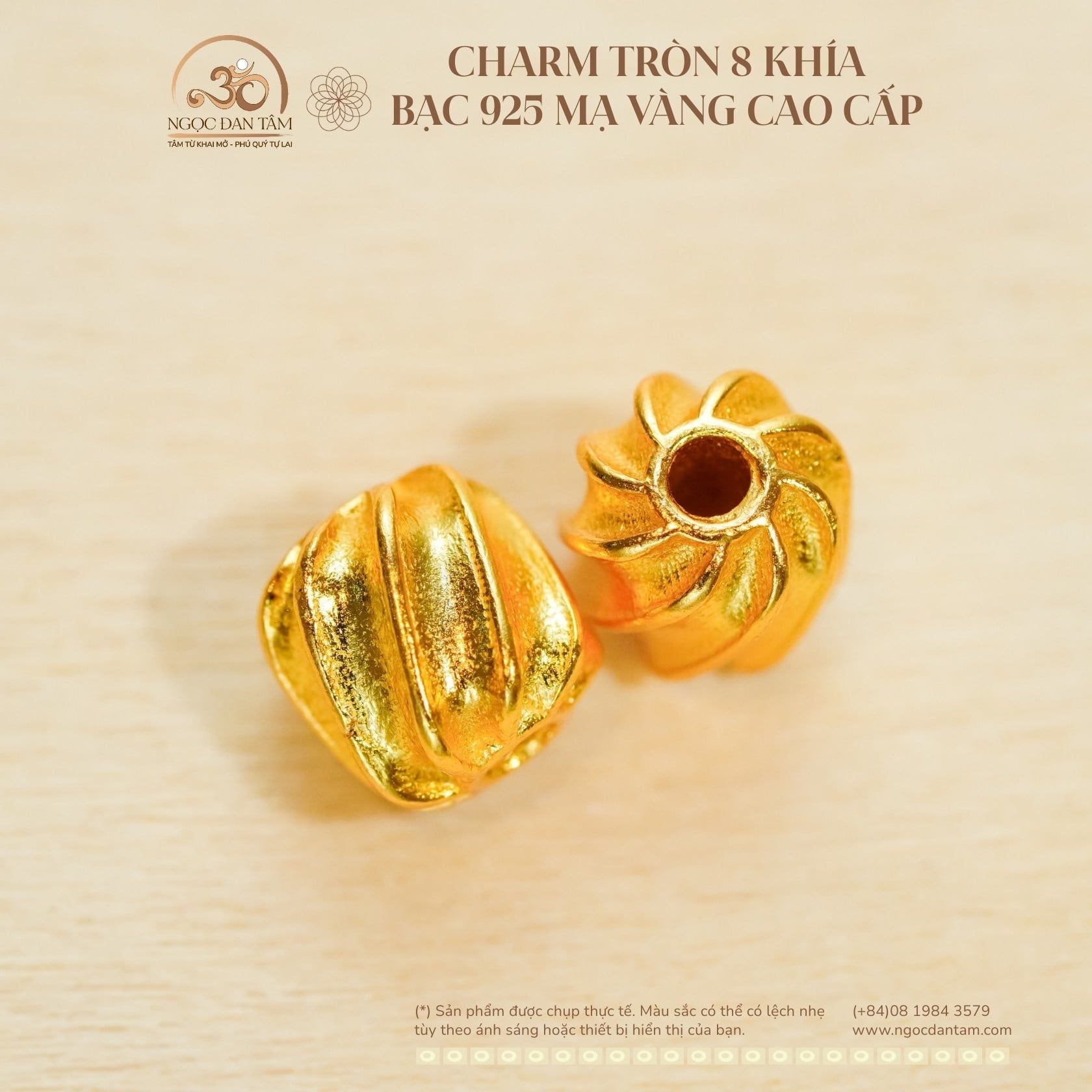  Charm Tròn 8 Khía - Bạc 925 Mạ Vàng Cao Cấp 