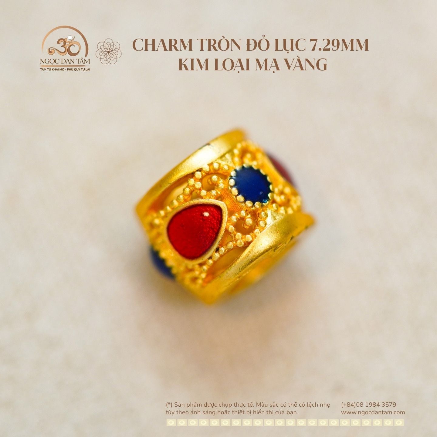  Charm Tròn Đỏ Lục 7.29mm - Kim Loại Mạ Vàng 