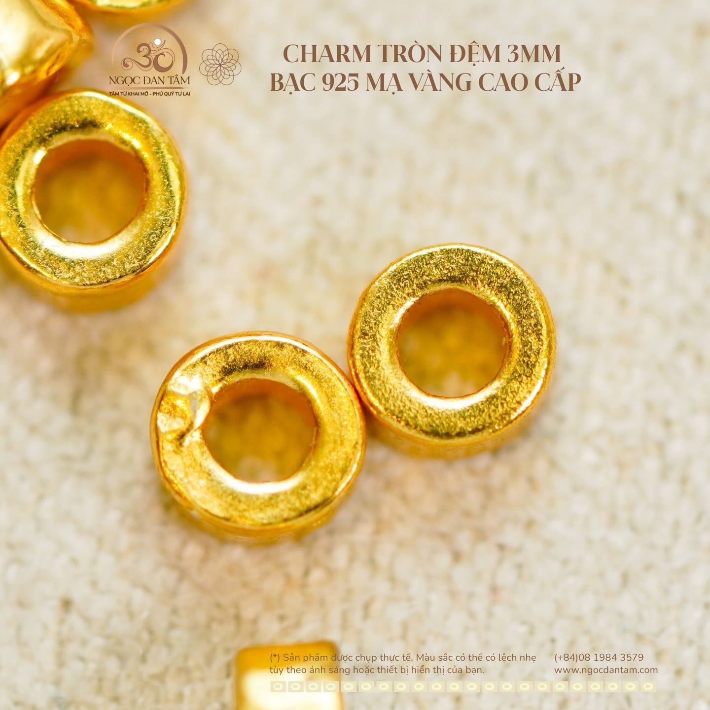  Charm Tròn Đệm 3mm - Bạc 925 Mạ Vàng Cao Cấp 