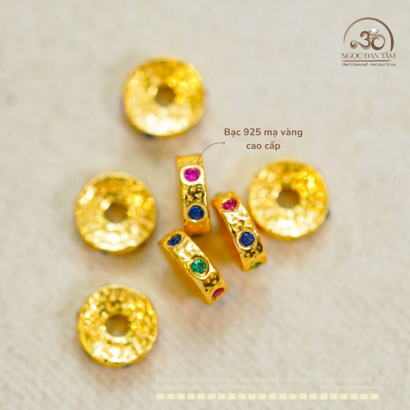  Charm Tròn Dẹp 5mm Đính Đá 3 màu - Bạc 925 Mạ Vàng Cao Cấp 