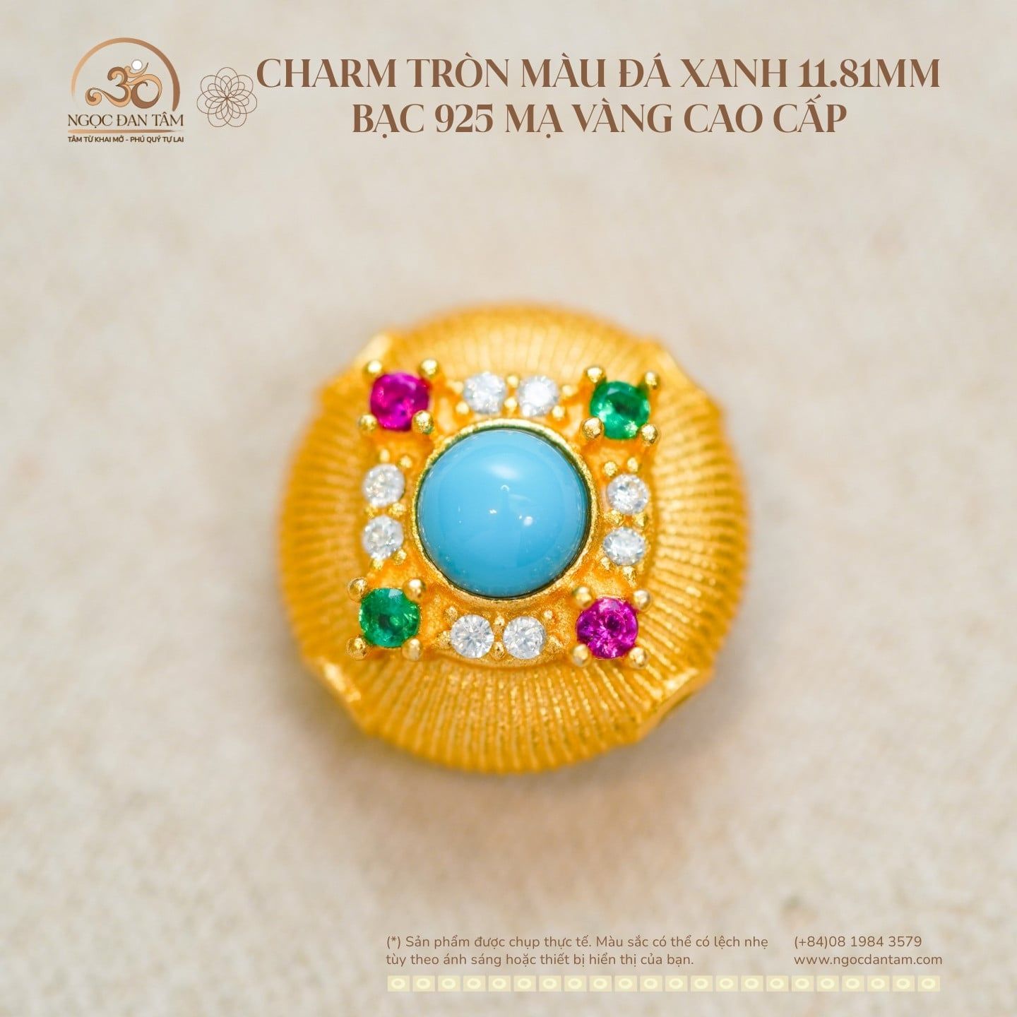  Charm Tròn Màu Đá Xanh 11.81mm - Bạc 925 Mạ Vàng Cao Cấp 