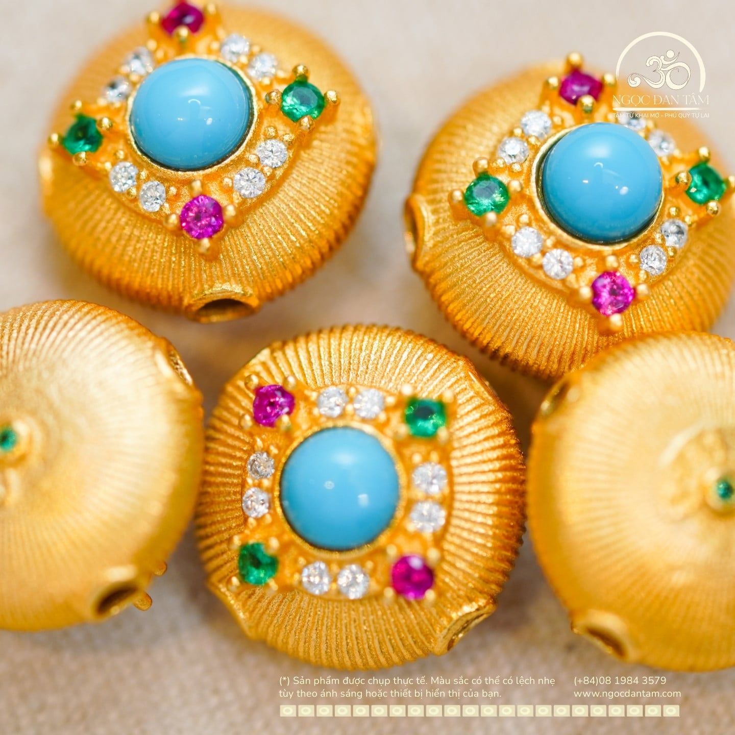  Charm Tròn Màu Đá Xanh 11.81mm - Bạc 925 Mạ Vàng Cao Cấp 