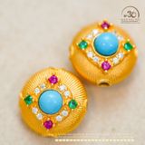  Charm Tròn Màu Đá Xanh 11.81mm - Bạc 925 Mạ Vàng Cao Cấp 