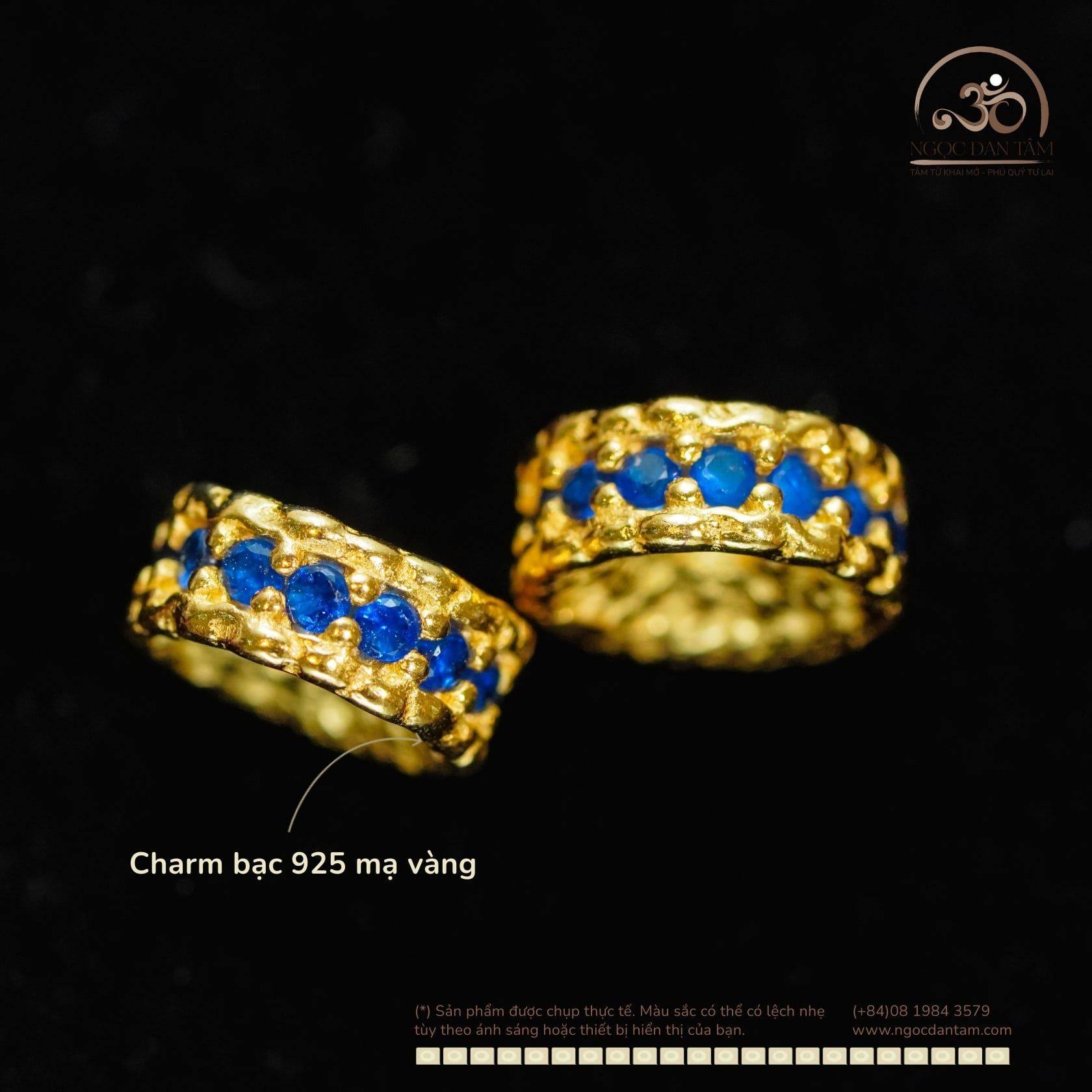  Charm Vảy Rồng Dẹp Đính Đá Xanh Dương Lớn - Bạc 925 Mạ Vàng Cao Cấp 