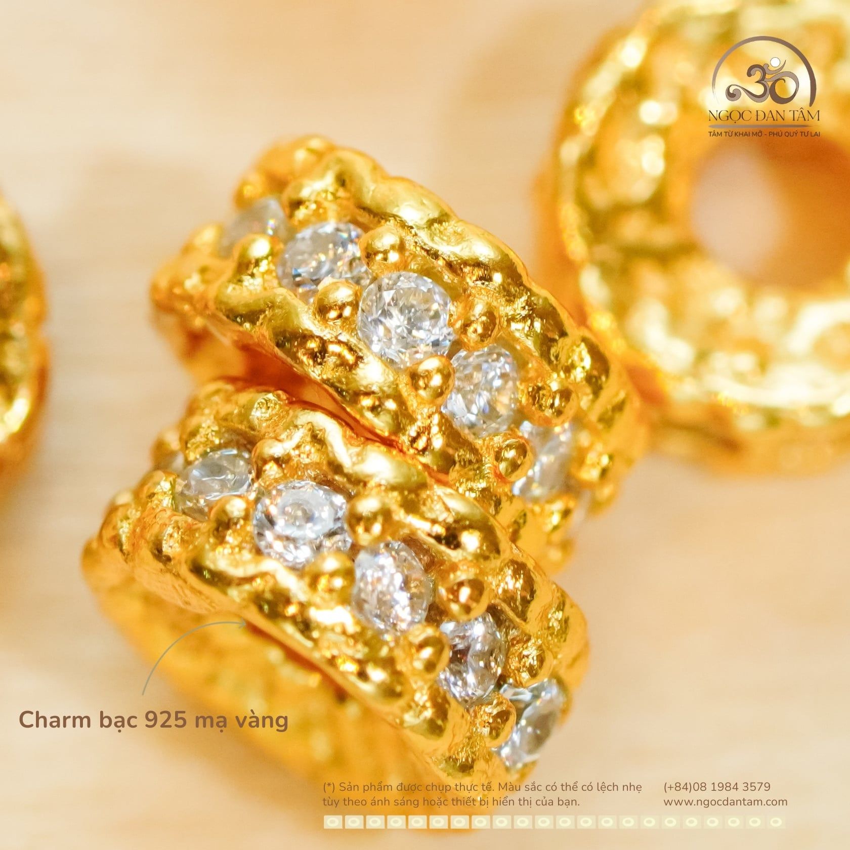  Charm Vảy Rồng Dẹp Đính Đá Trắng - Bạc 925 Mạ Vàng Cao Cấp 