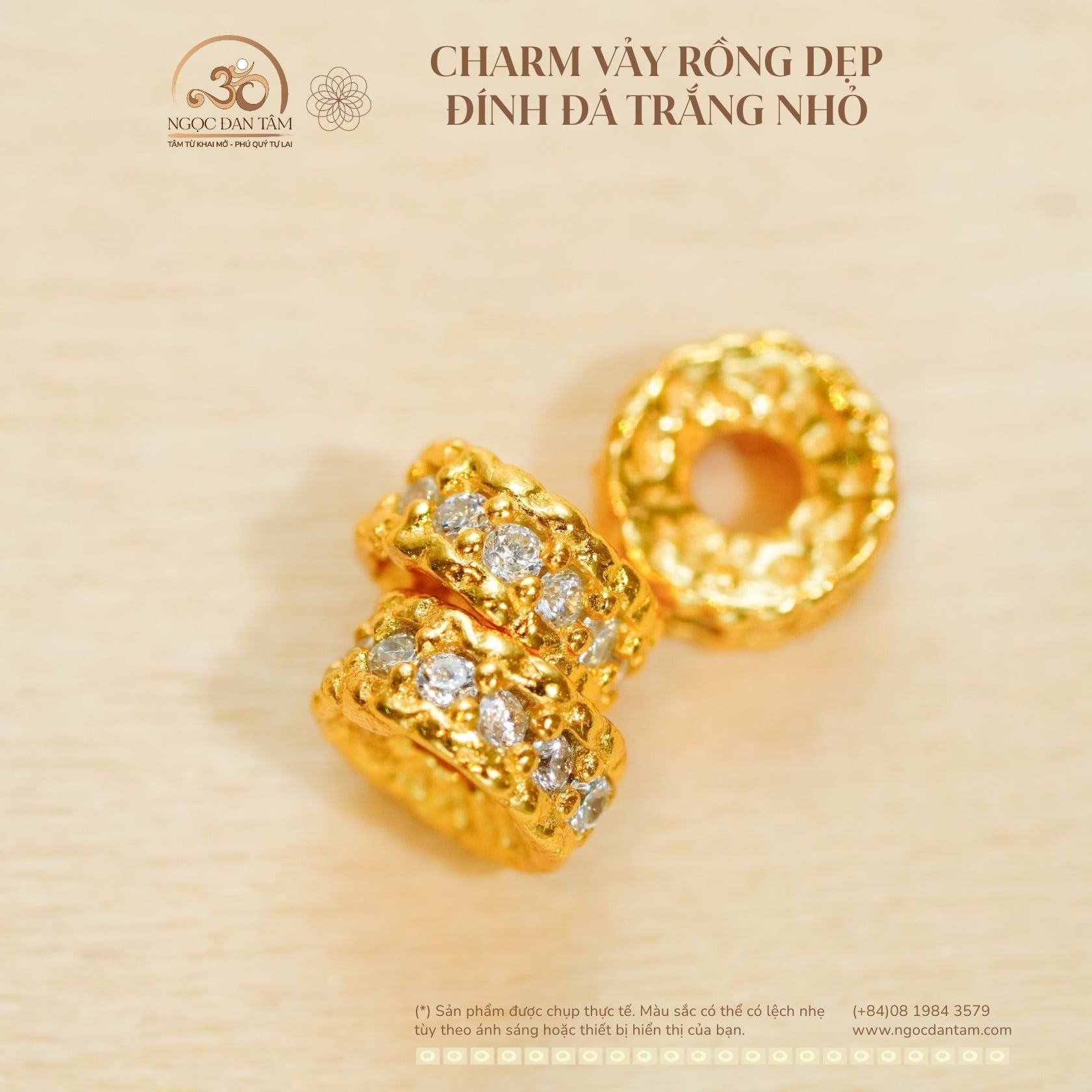  Charm Vảy Rồng Dẹp Đính Đá Trắng - Bạc 925 Mạ Vàng Cao Cấp 