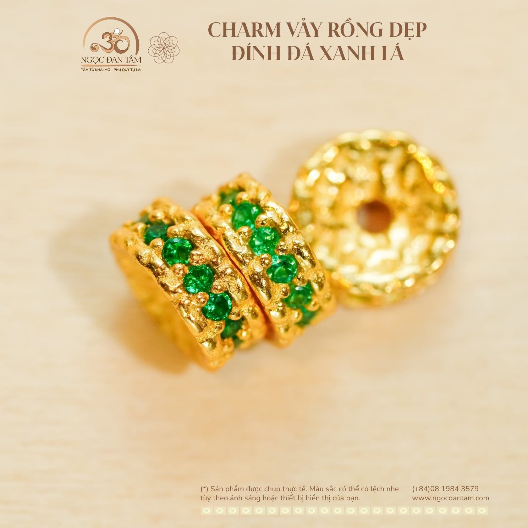  Charm Vảy Rồng Dẹp Đính Đá Xanh Lá - Bạc 925 Mạ Vàng Cao Cấp 