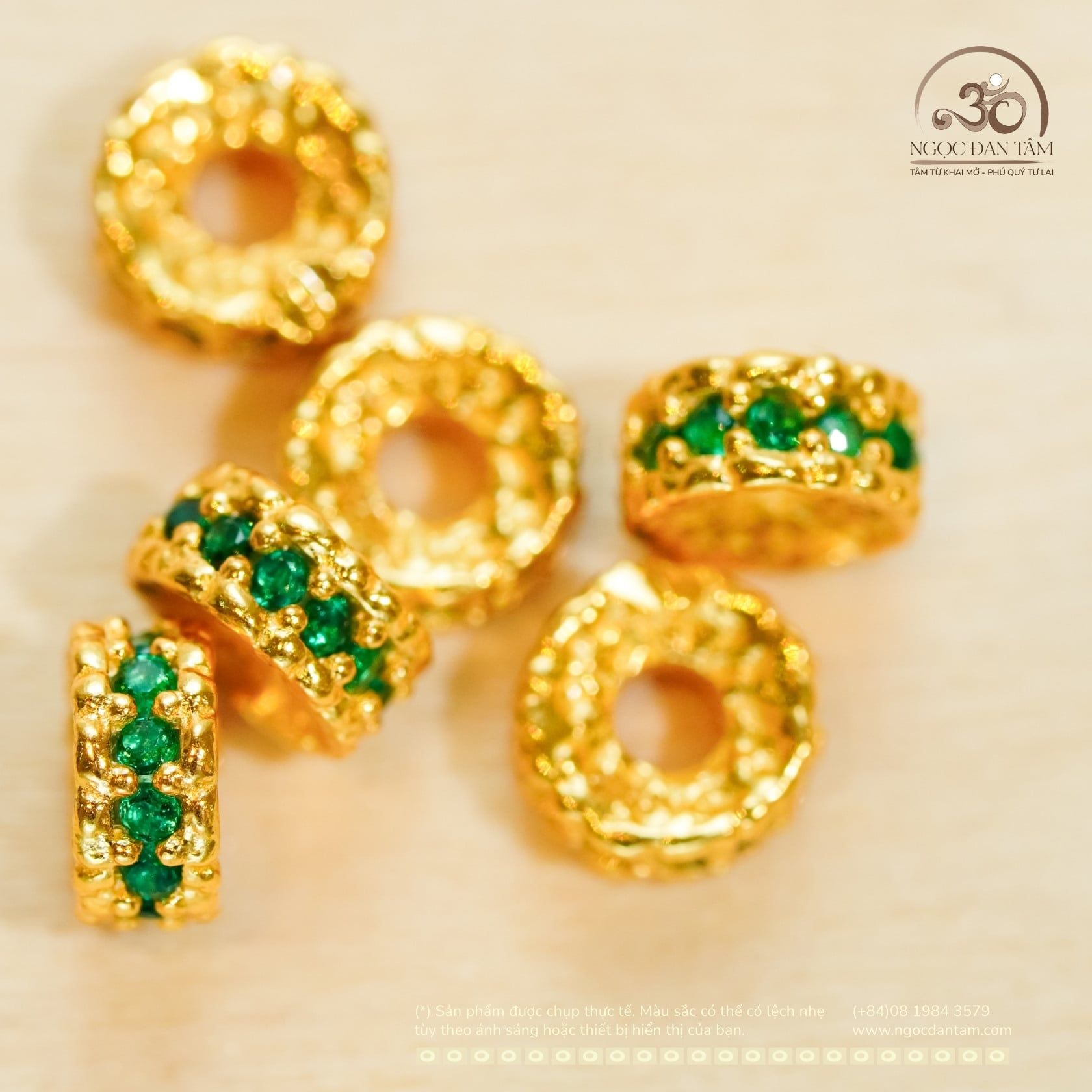  Charm Vảy Rồng Dẹp Đính Đá Xanh Lá Nhỏ - Bạc 925 Mạ Vàng Cao Cấp 