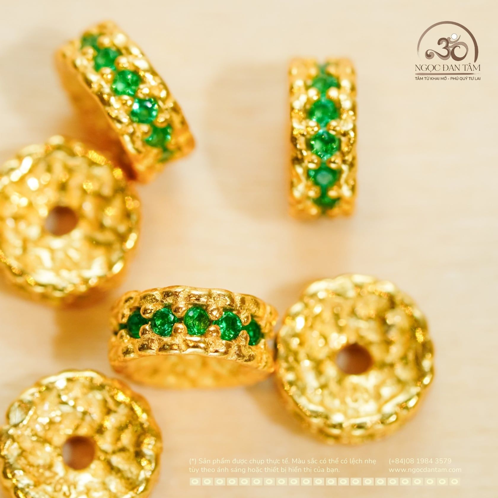  Charm Vảy Rồng Dẹp Đính Đá Xanh Lá - Bạc 925 Mạ Vàng Cao Cấp 