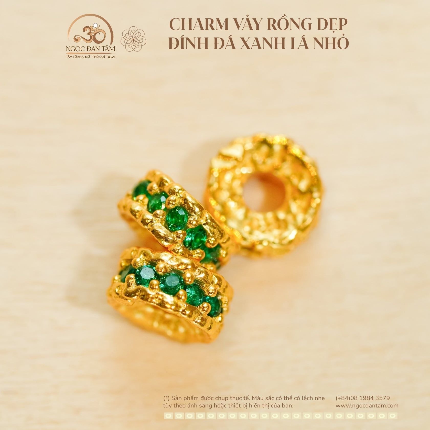  Charm Vảy Rồng Dẹp Đính Đá Xanh Lá Nhỏ - Bạc 925 Mạ Vàng Cao Cấp 