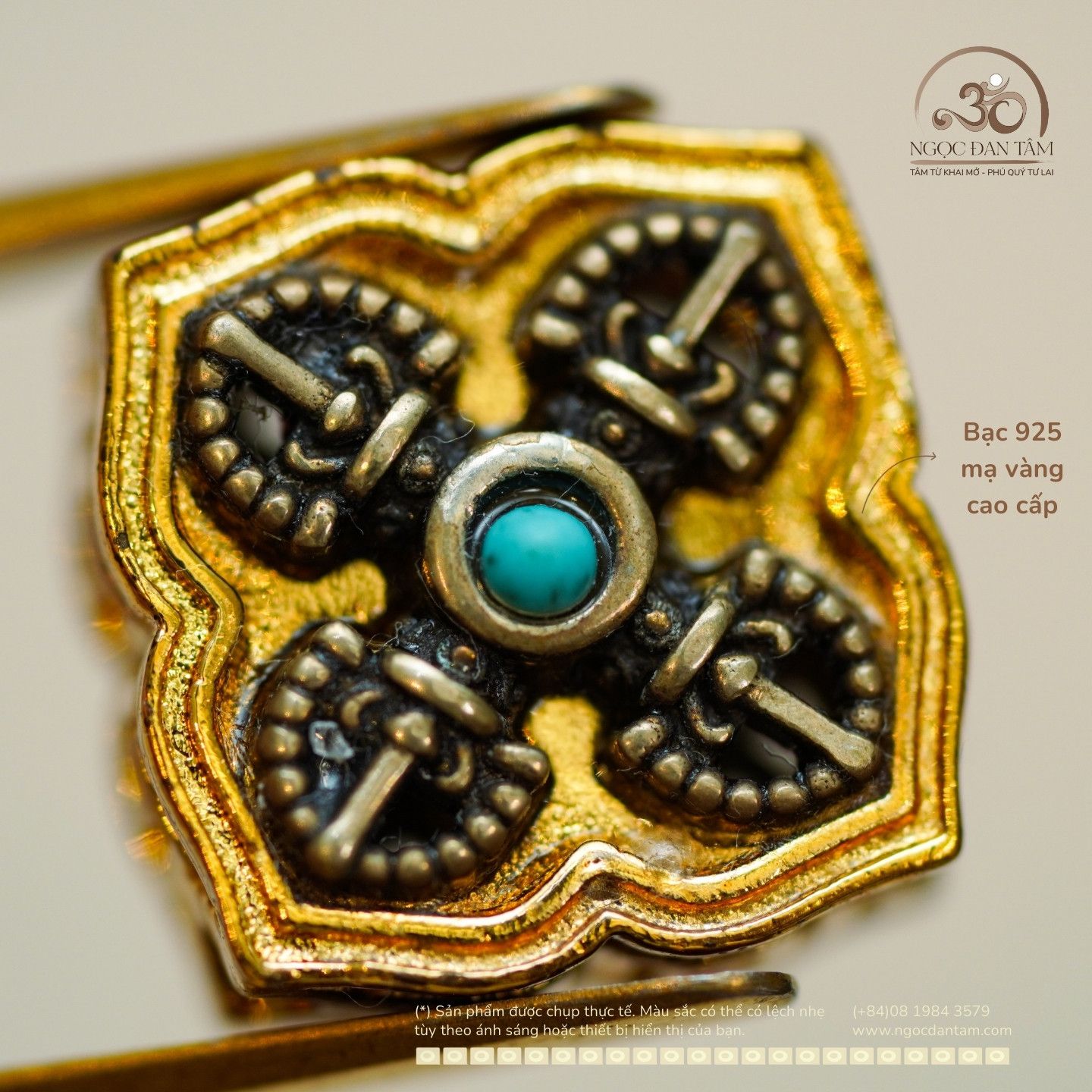  Charm Vuông 2 Chuỳ Kim Cang  15.15mm - Bạc 925 Mạ Vàng Cao Cấp 