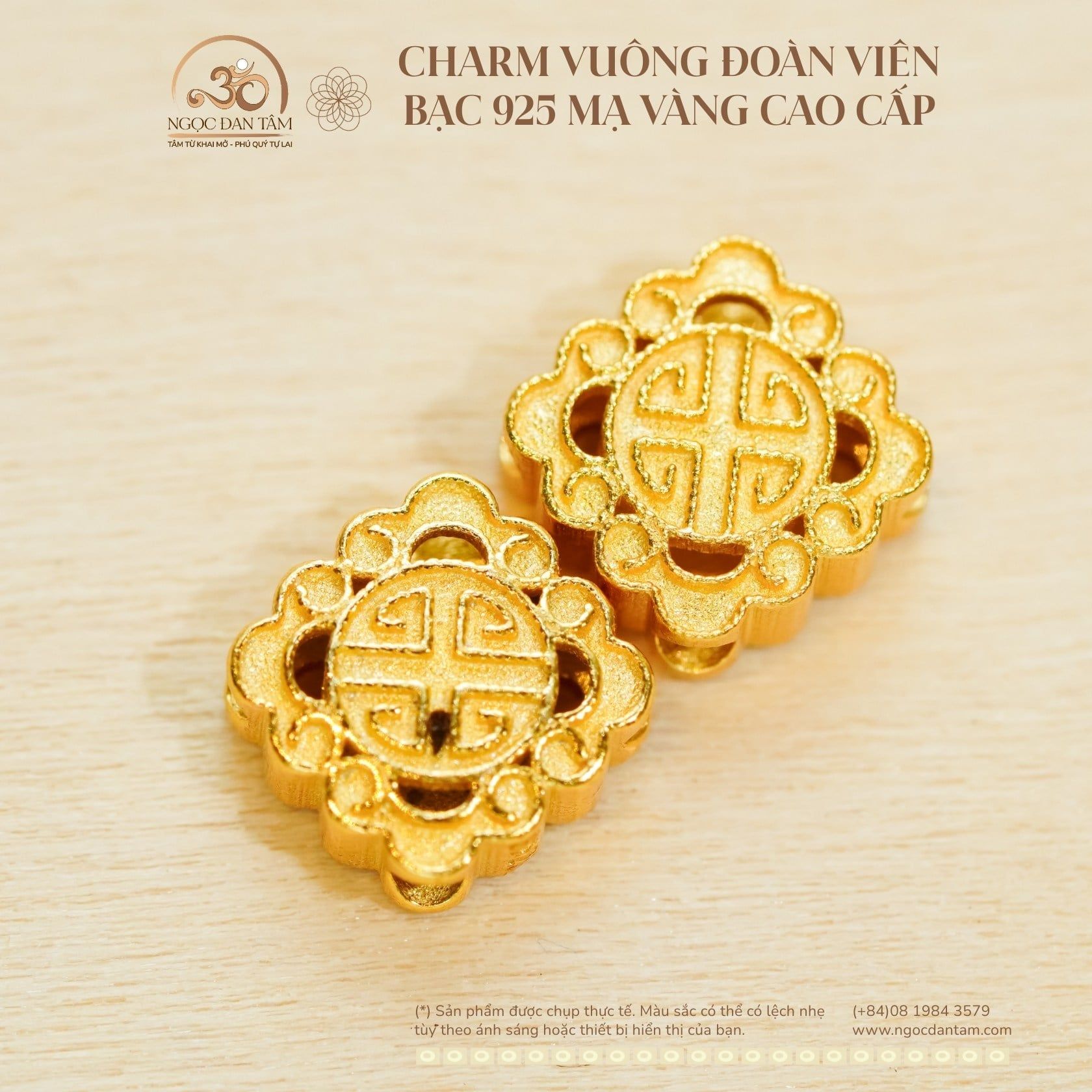  Charm Vuông Đoàn Viên - Bạc 925 Mạ Vàng Cao Cấp 