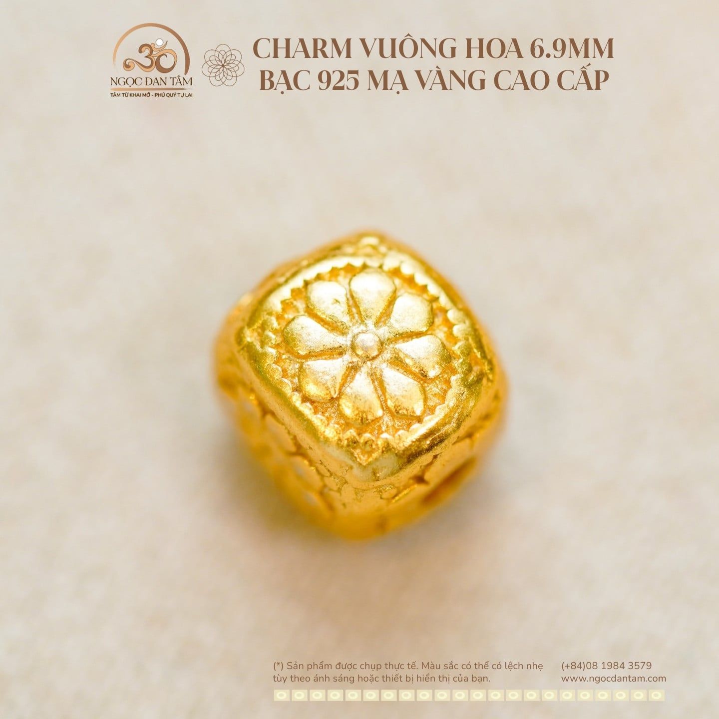  Charm Vuông Hoa 6.9mm - Bạc 925 Mạ Vàng Cao Cấp 