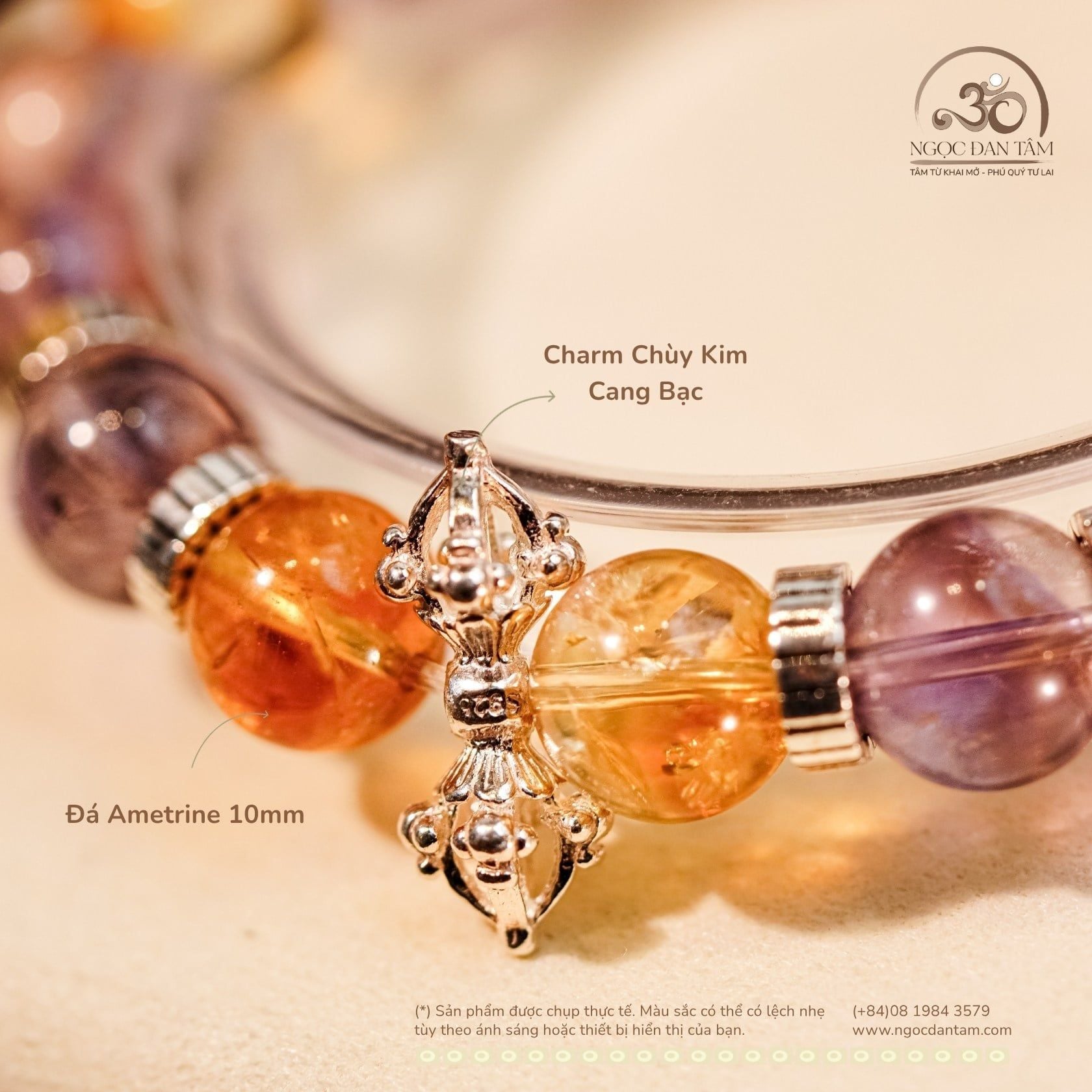  Vòng Tay Đá Ametrine 10mm 2A Phối Charm Chùy Kim Cang Bạc 