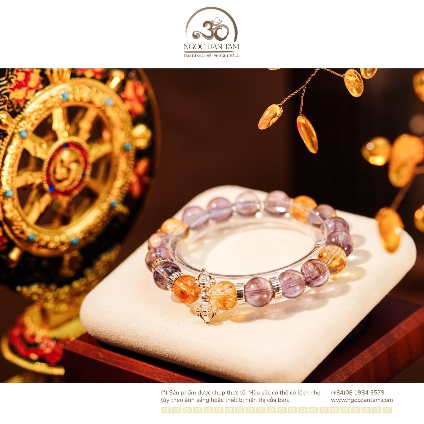 Vòng Tay Đá Ametrine 10mm 2A Phối Charm Chùy Kim Cang Bạc 