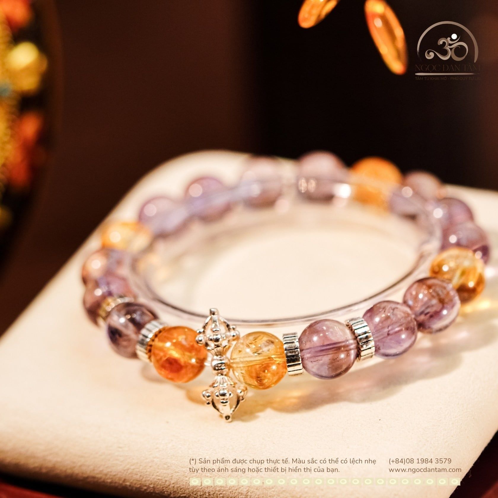  Vòng Tay Đá Ametrine 10mm 2A Phối Charm Chùy Kim Cang Bạc 