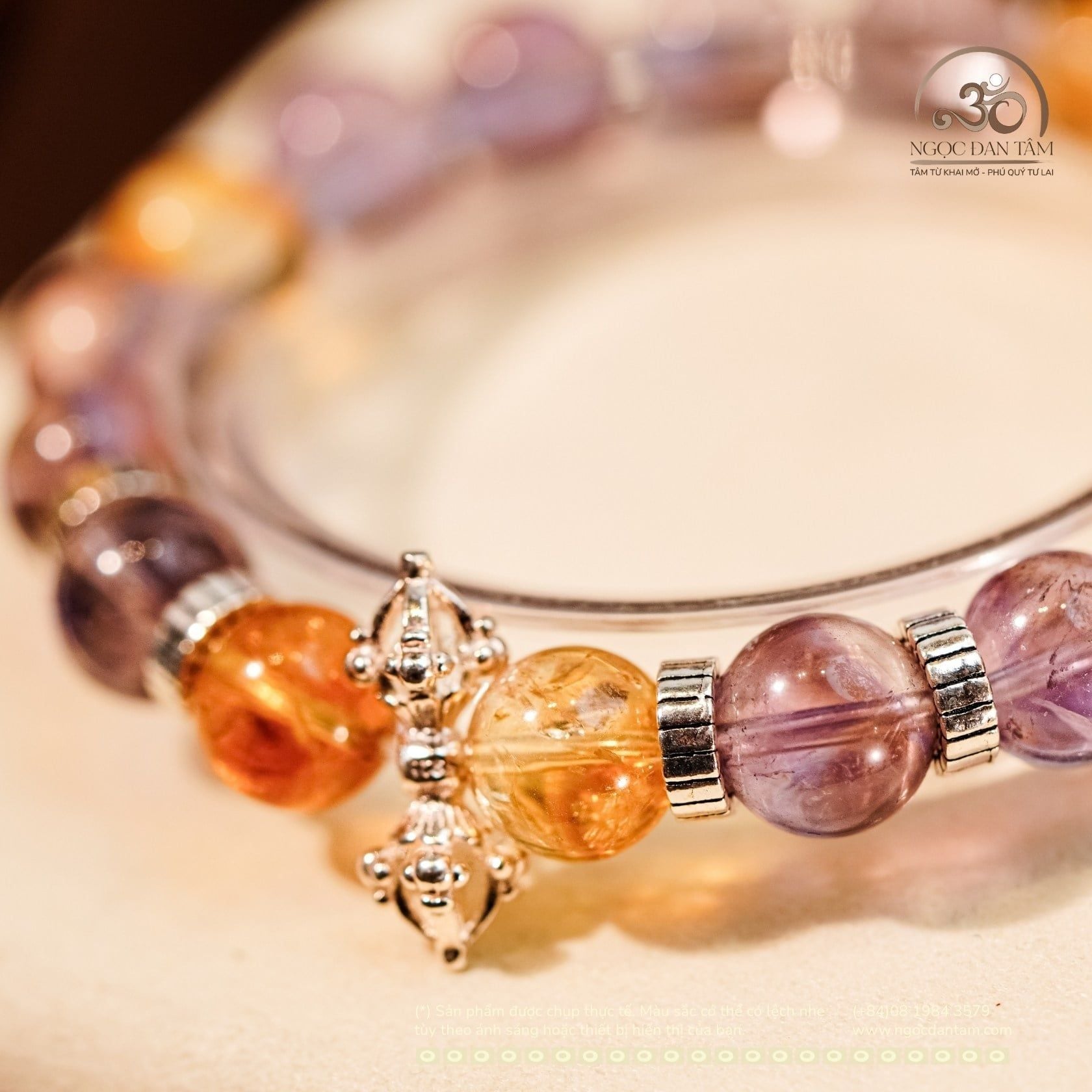  Vòng Tay Đá Ametrine 10mm 2A Phối Charm Chùy Kim Cang Bạc 