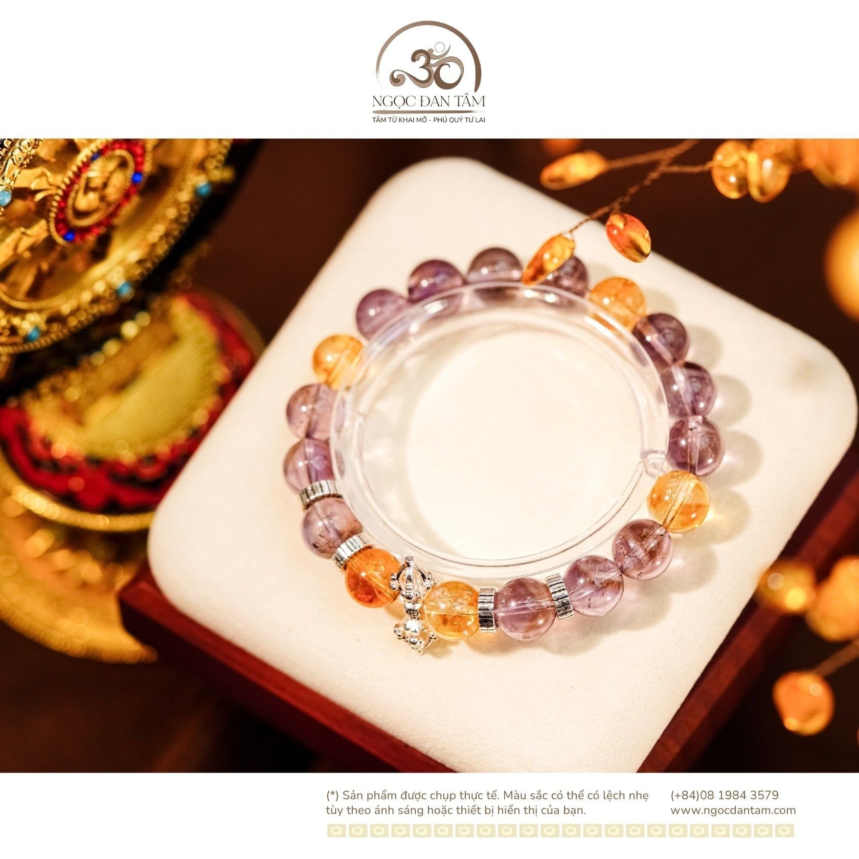  Vòng Tay Đá Ametrine 10mm 2A Phối Charm Chùy Kim Cang Bạc 