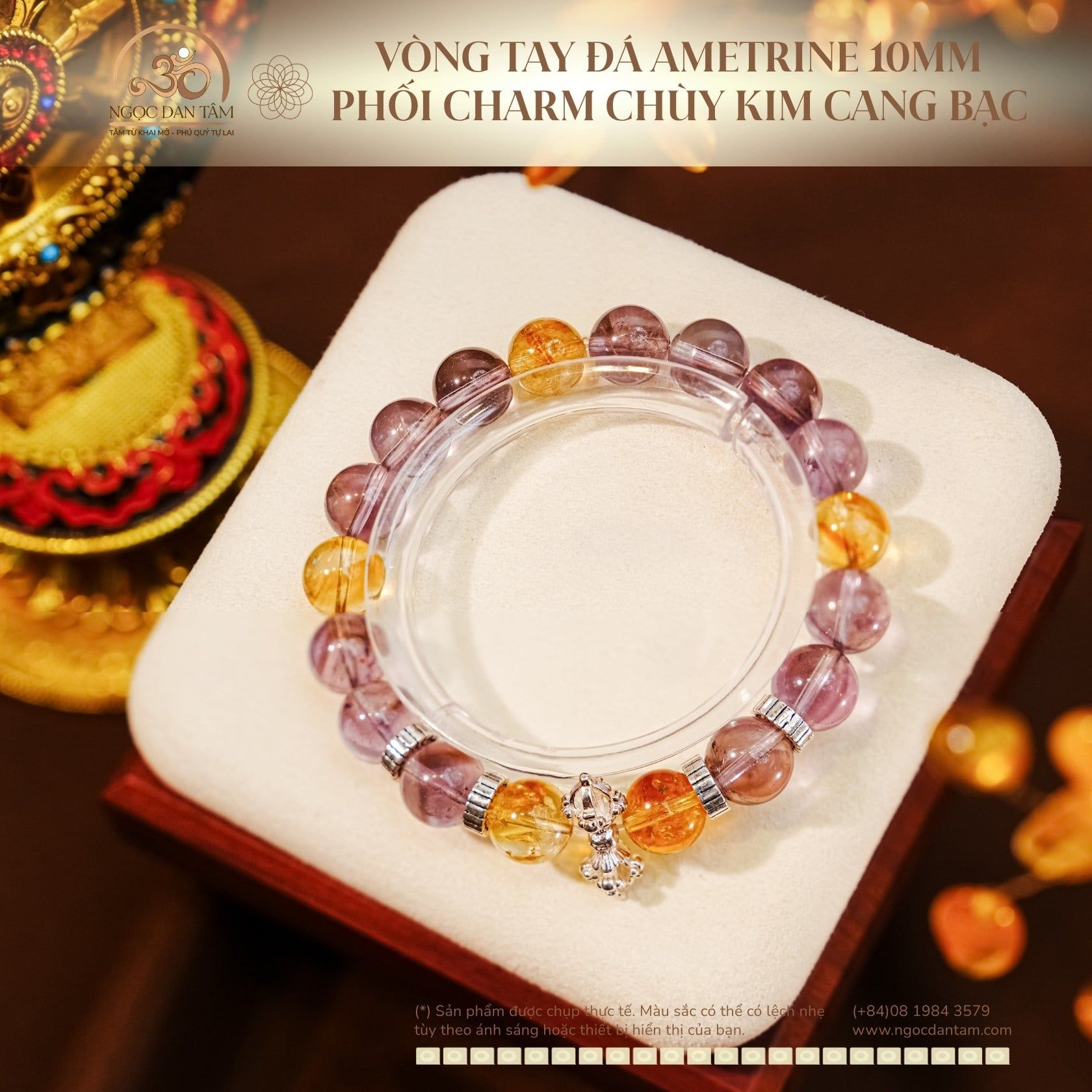  Vòng Tay Đá Ametrine 10mm 2A Phối Charm Chùy Kim Cang Bạc 