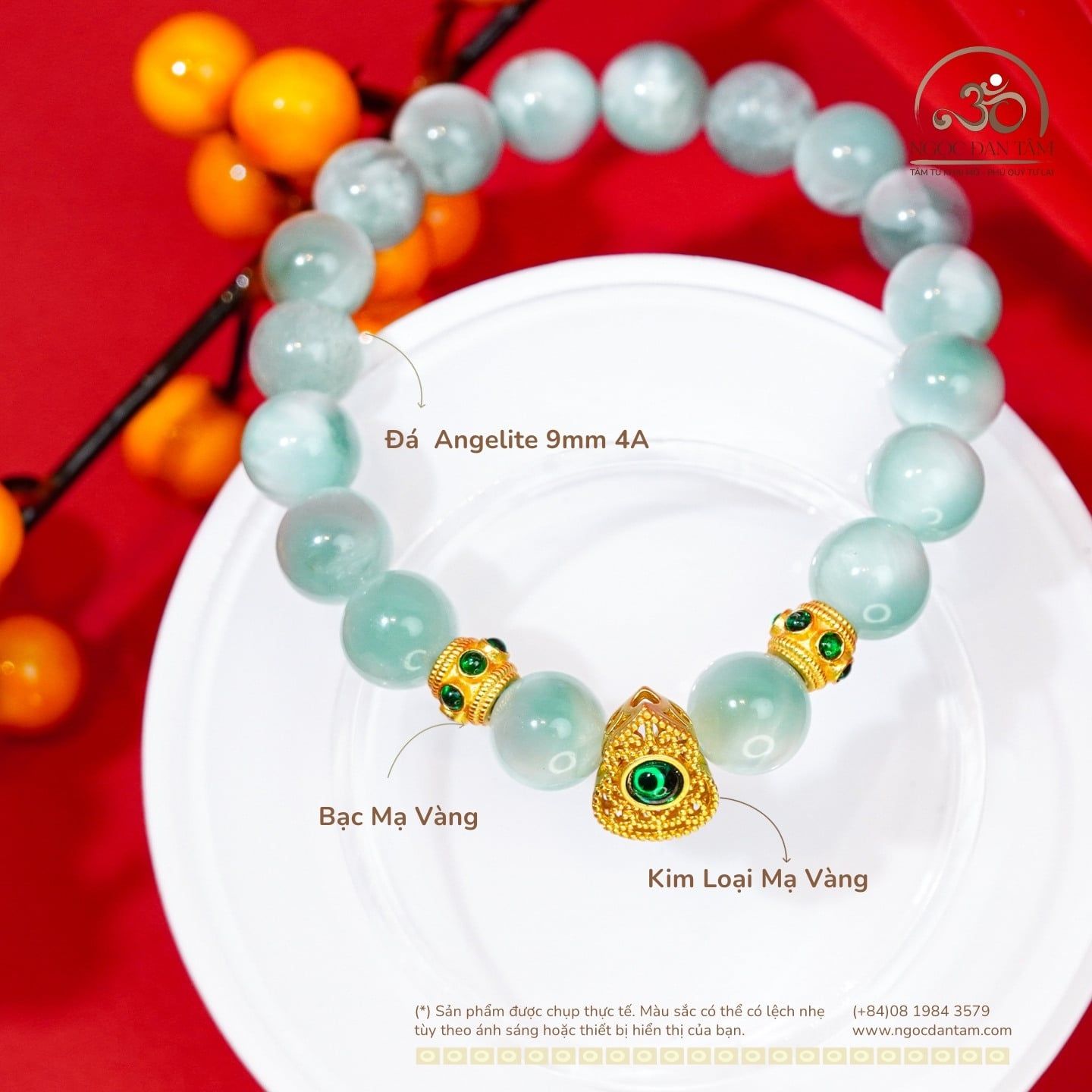  Vòng Tay Angelite 9mm 4A Phối Charm Ngọc Bích Hồ Lô 