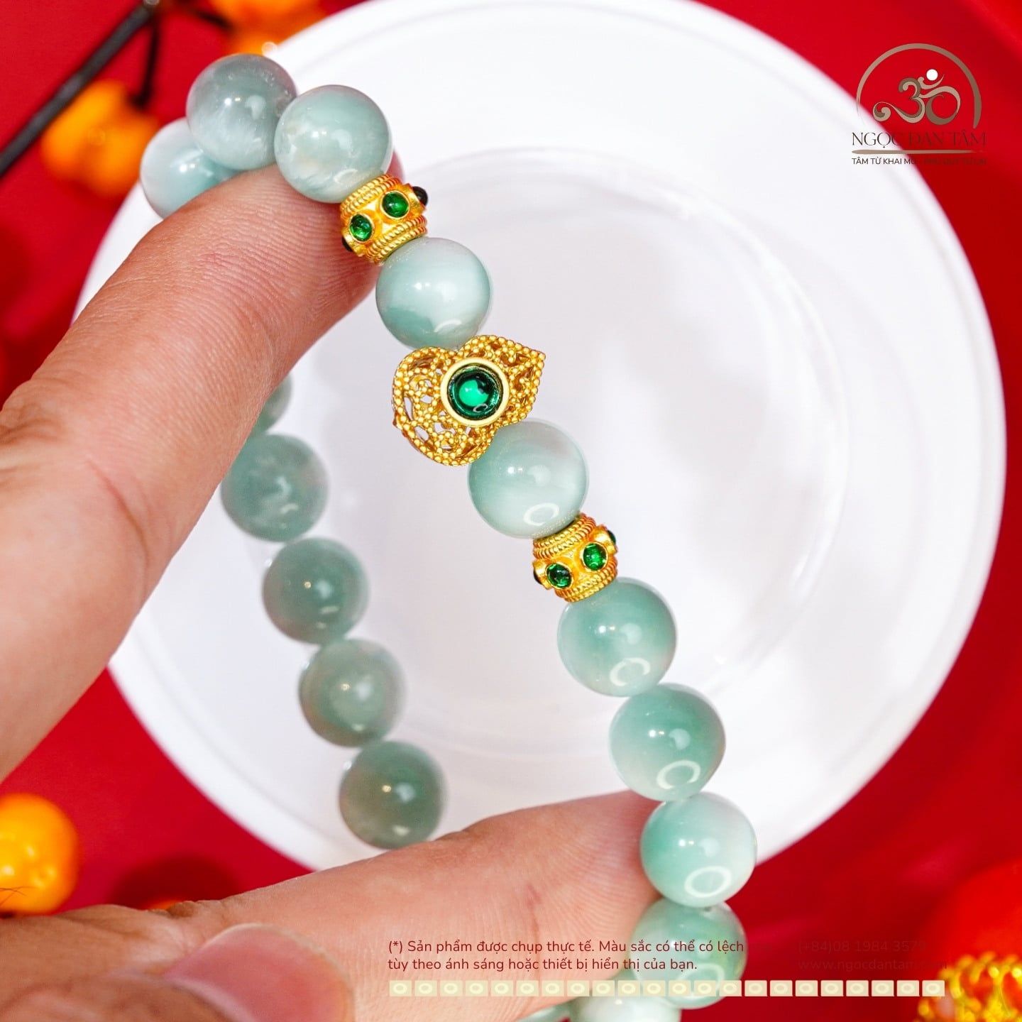  Vòng Tay Angelite 9mm 4A Phối Charm Ngọc Bích Hồ Lô 