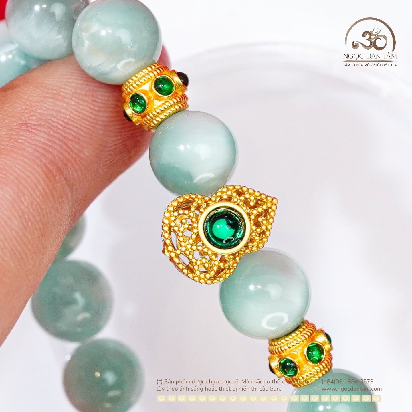  Vòng Tay Angelite 9mm 4A Phối Charm Ngọc Bích Hồ Lô 