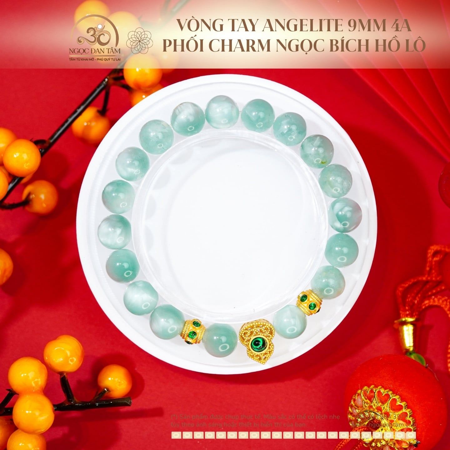  Vòng Tay Angelite 9mm 4A Phối Charm Ngọc Bích Hồ Lô 