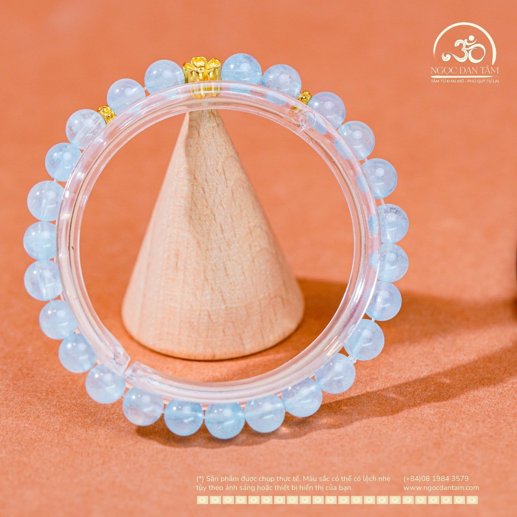  Vòng Tay Đá Aquamarine 6mm 3A Phối Charm Hoa Mai 