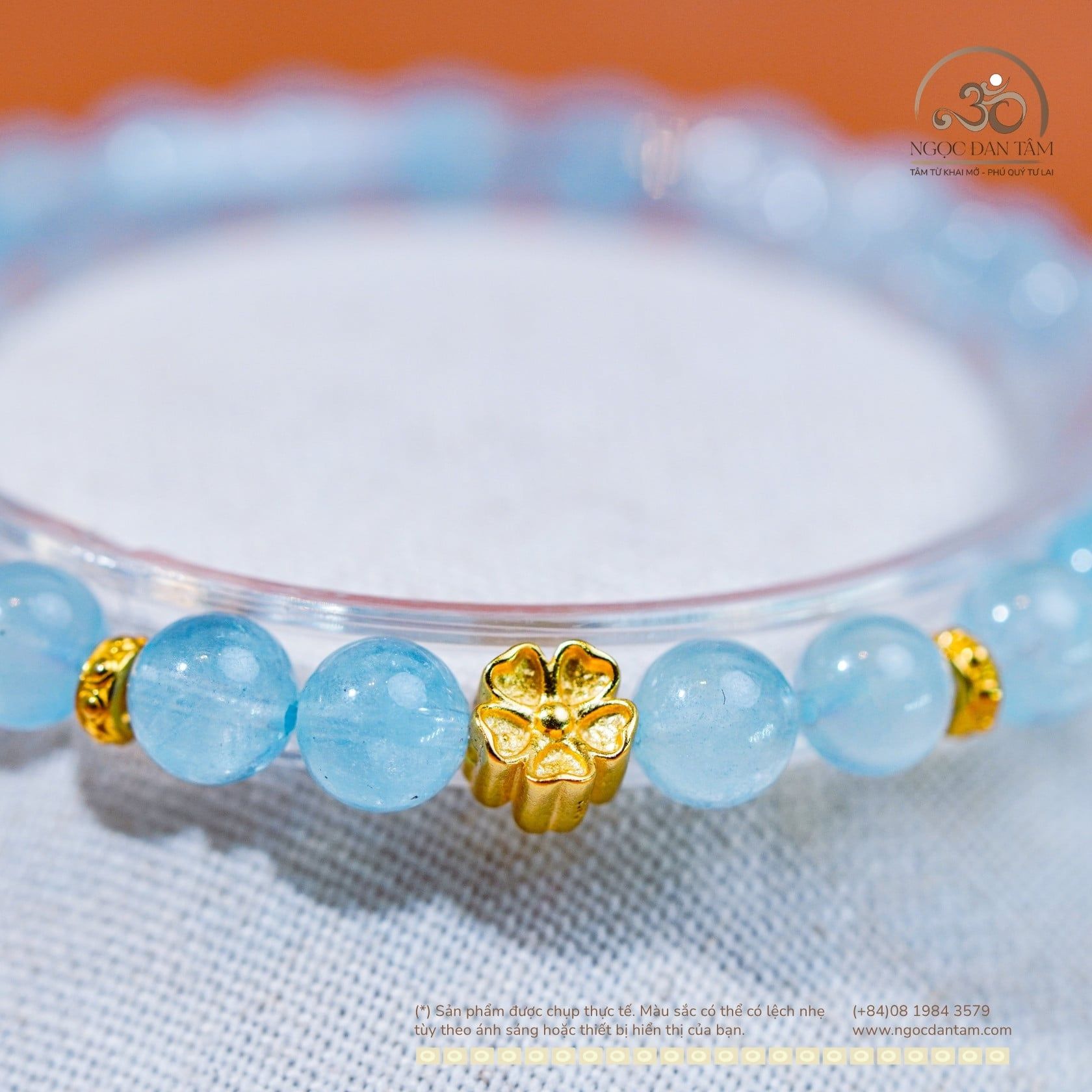  Vòng Tay Đá Aquamarine 6mm 3A Phối Charm Hoa Mai 
