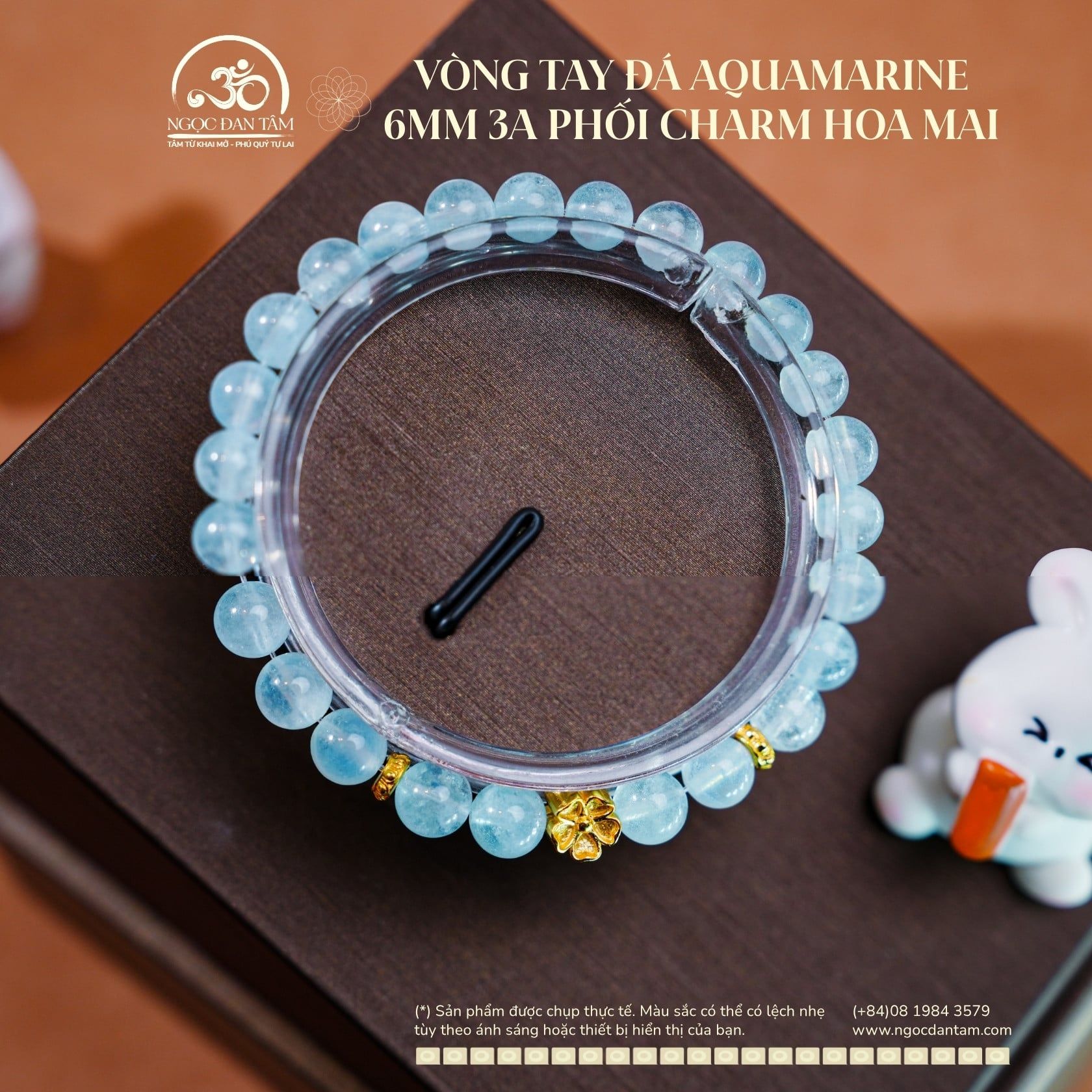  Vòng Tay Đá Aquamarine 6mm 3A Phối Charm Hoa Mai 