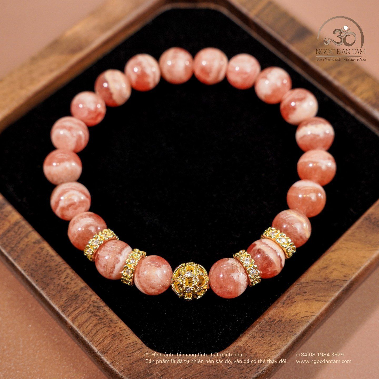  Vòng Tay Đào Hoa Vân Mây 8mm 5A Phối Charm 