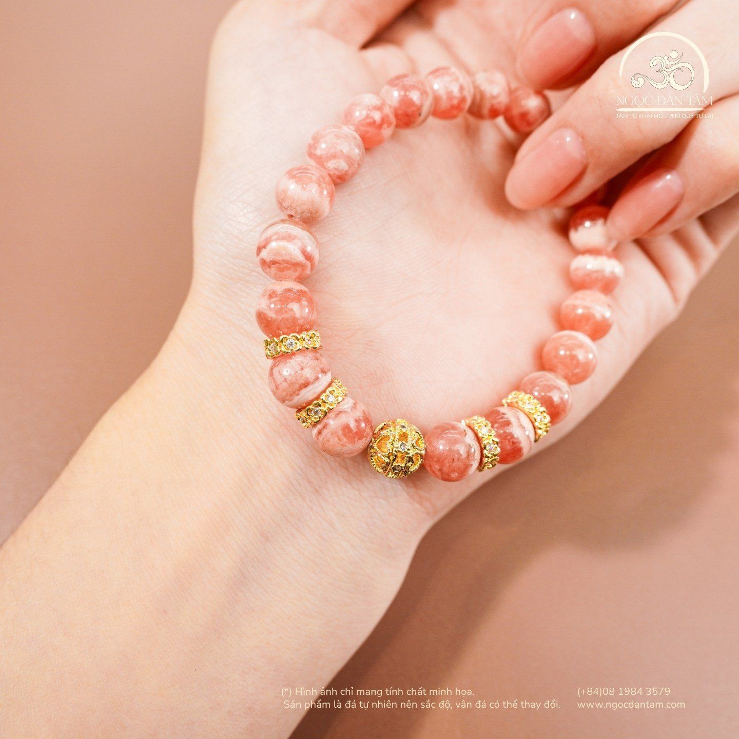  Vòng Tay Đào Hoa Vân Mây 8mm 5A Phối Charm 