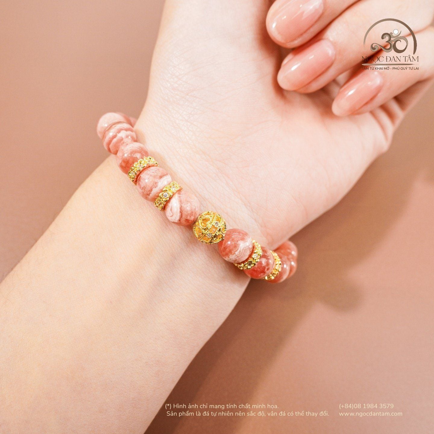  Vòng Tay Đào Hoa Vân Mây 8mm 5A Phối Charm 