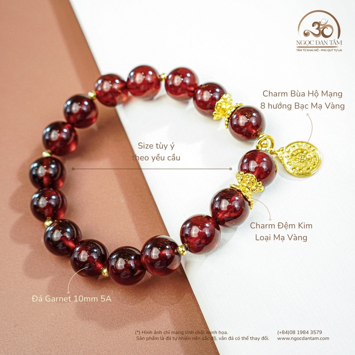  Vòng Tay Đá Garnet 10mm 5A Phối Charm Cửu Cung 