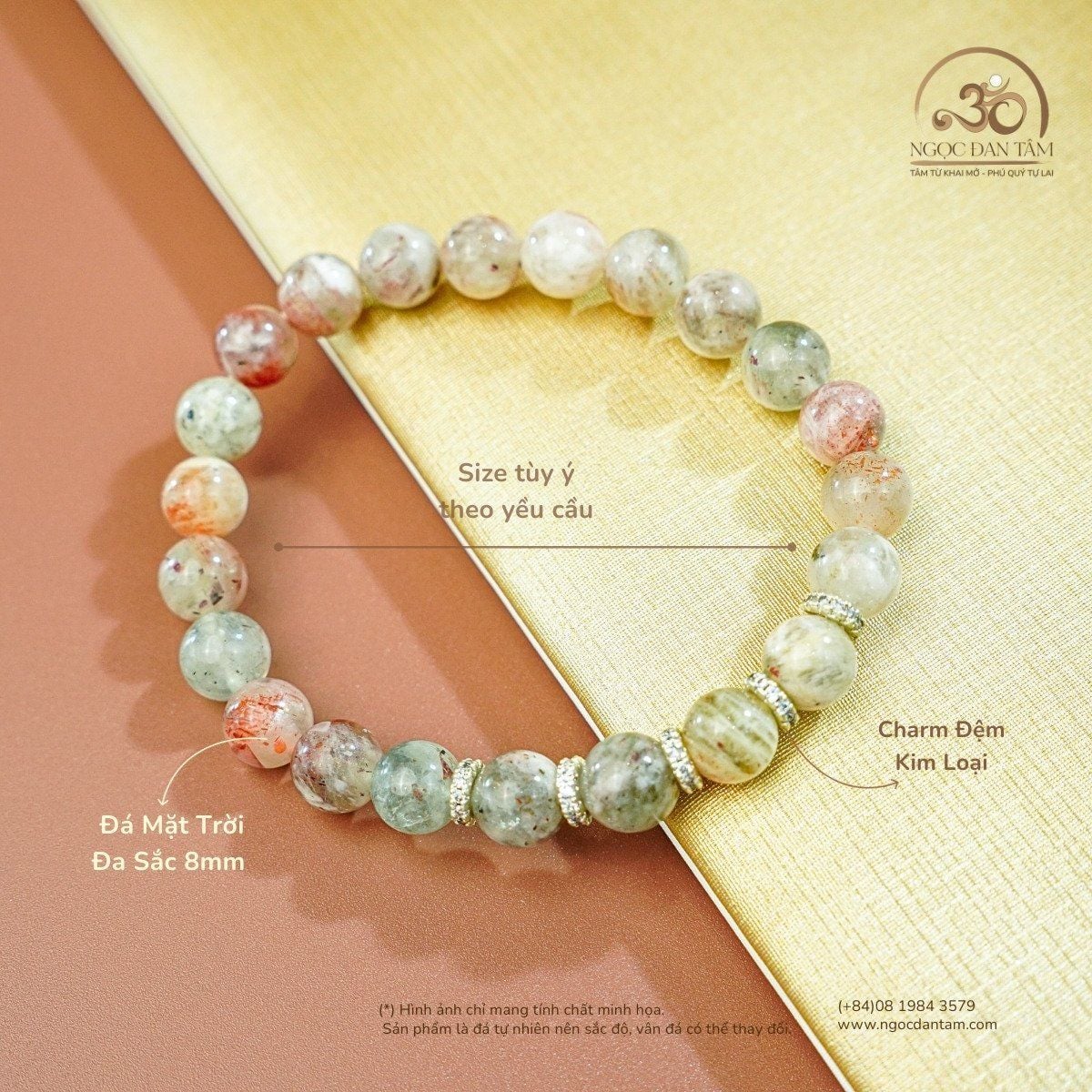  Vòng Tay Đá Mặt Trời Đa Sắc 8mm Phối Charm Mạ Bạc 