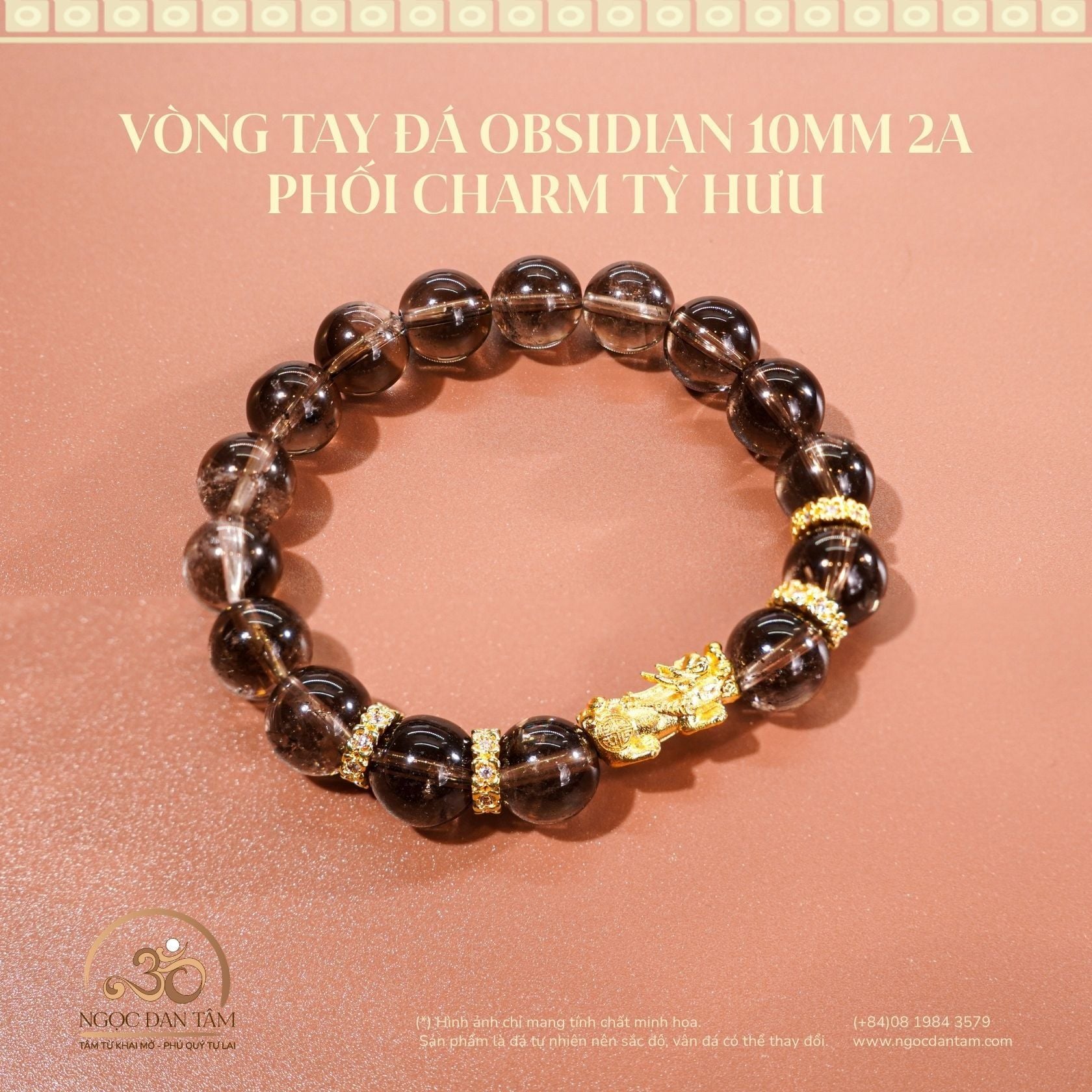  Vòng Tay Đá Obsidian 10mm 2A Phối Charm Tỳ Hưu 
